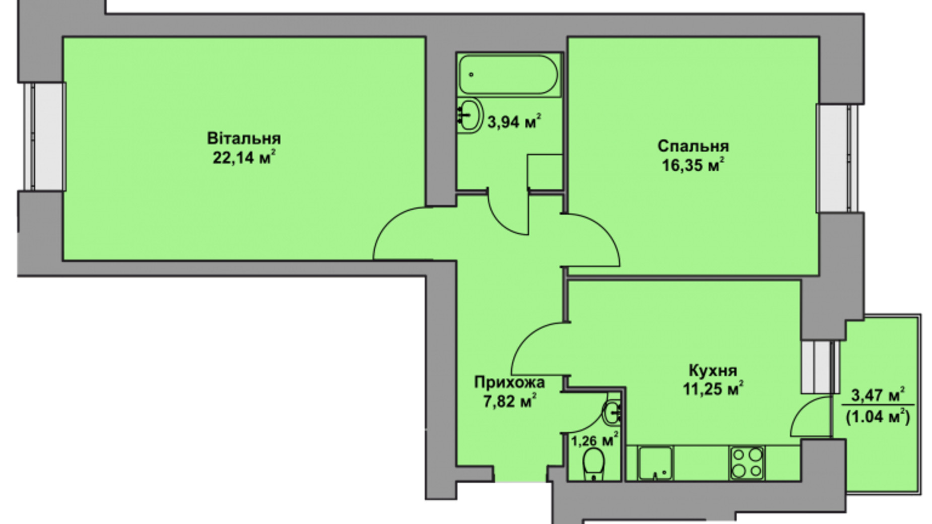 Планировка 2-комнатной квартиры в ЖК Комфорт Таун плюс 64.1 м², фото 496129