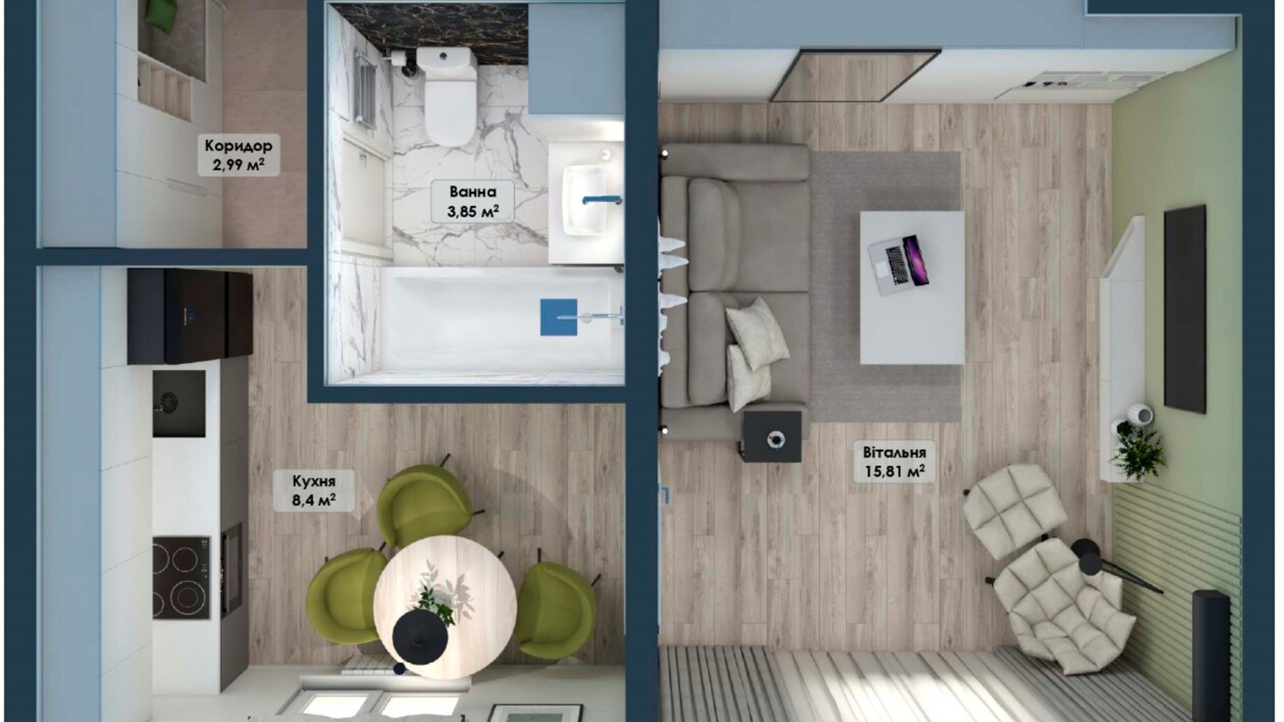 Планування 1-кімнатної квартири в ЖК Smart 31.02 м², фото 549593