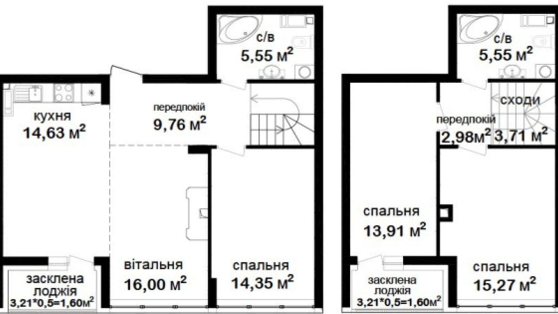 Планировка много­уровневой квартиры в ЖК Феофания City 104.91 м², фото 554295