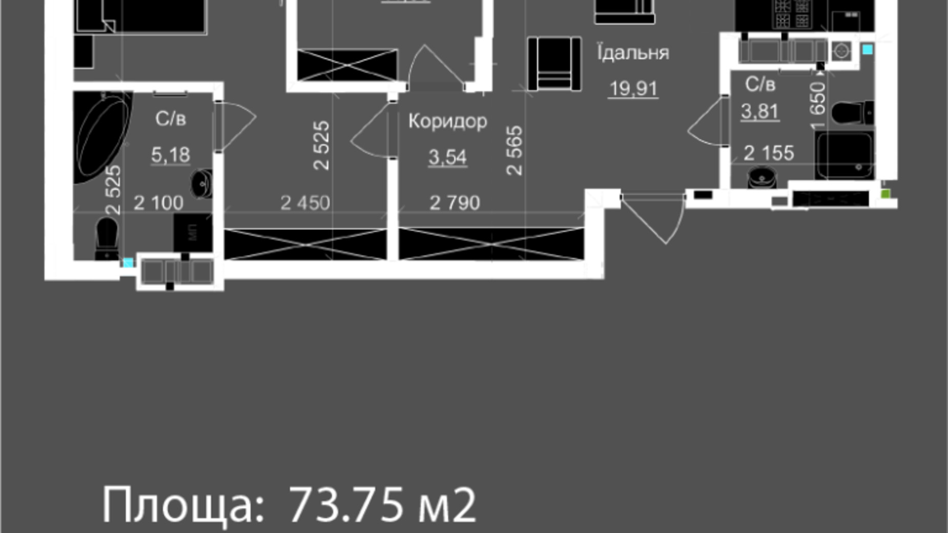 Планування 2-кімнатної квартири в ЖК Nova Magnolia 73.75 м², фото 559263