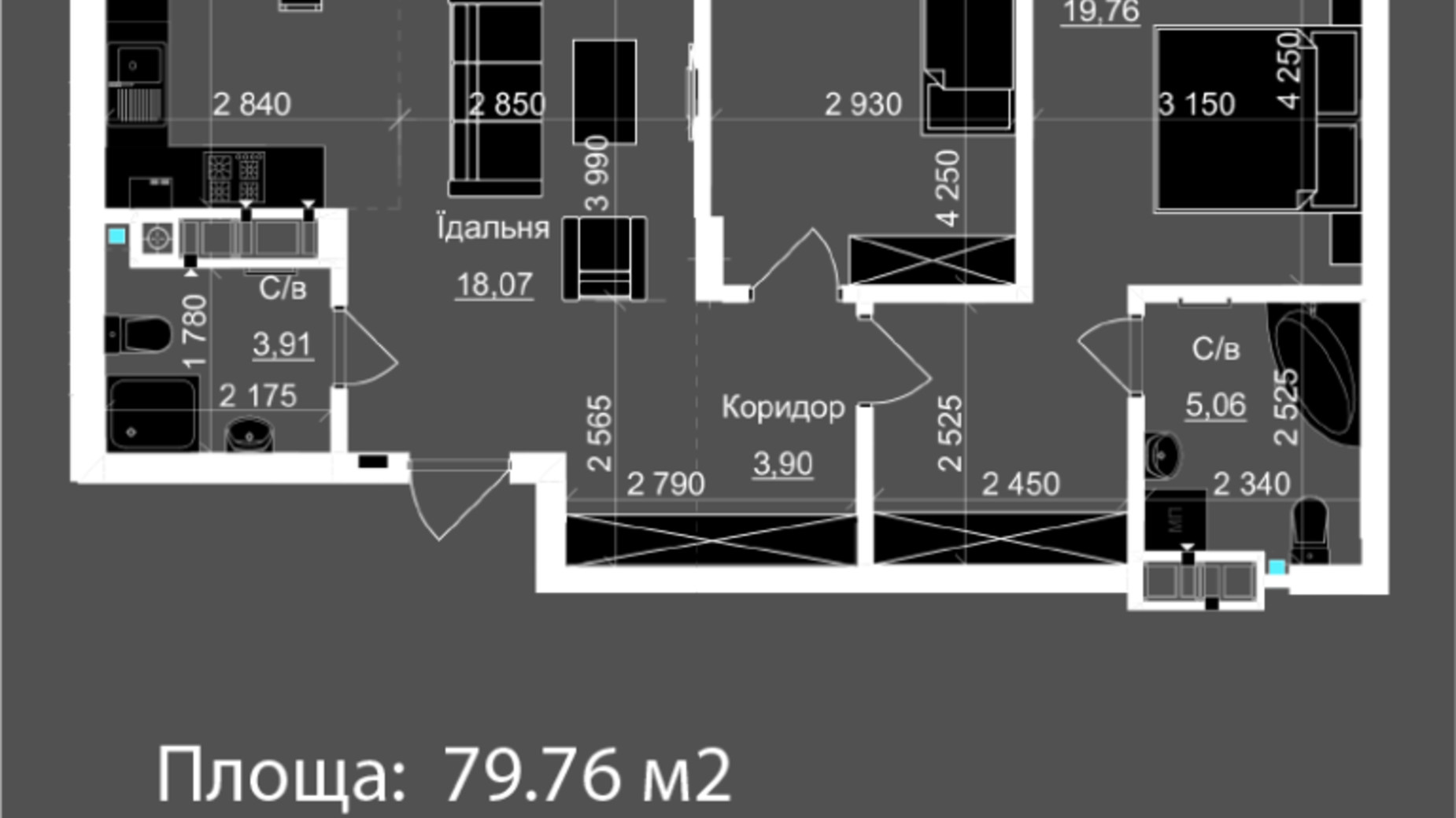 Планування 2-кімнатної квартири в ЖК Nova Magnolia 79.76 м², фото 559267