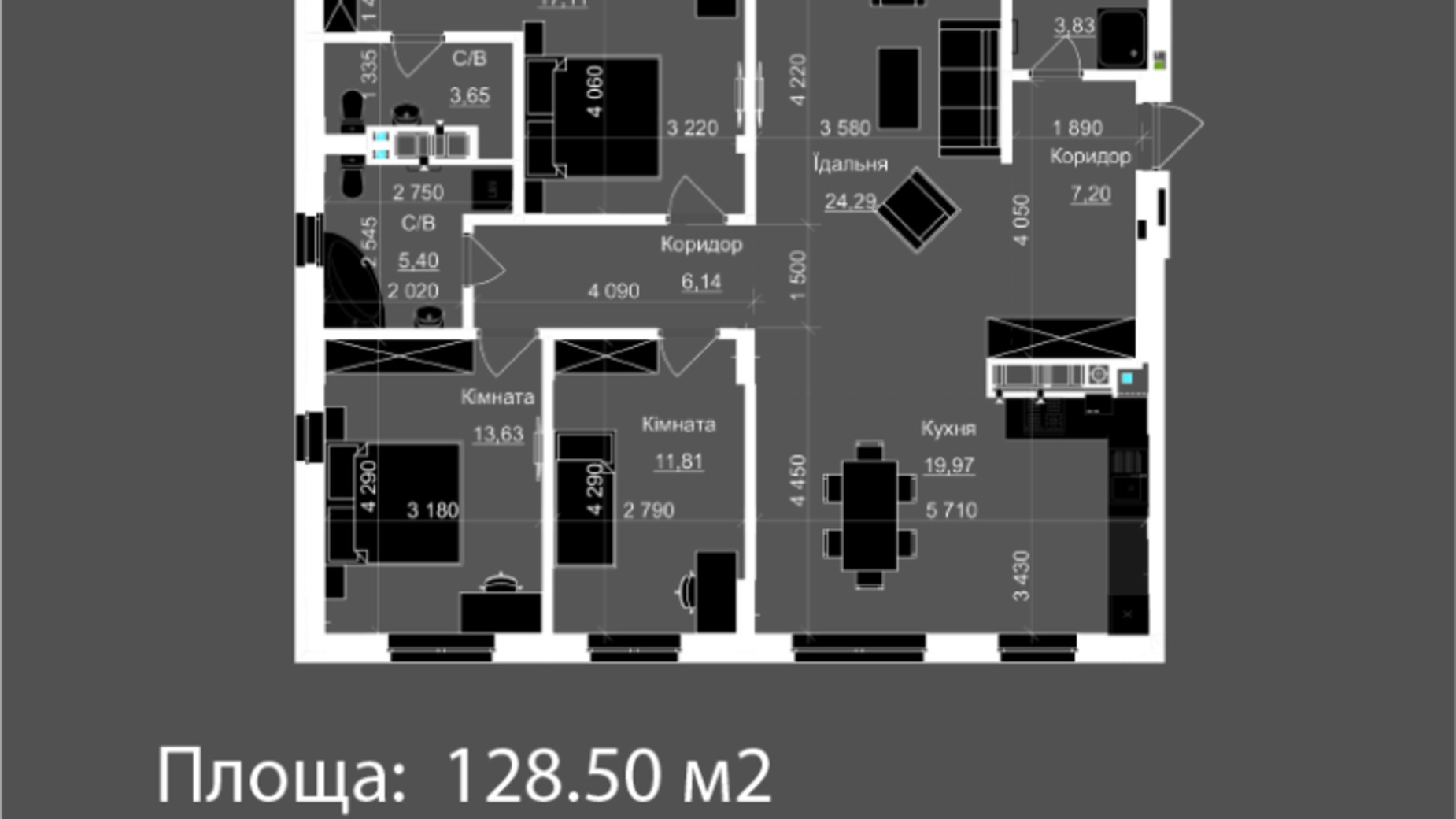 Планування 3-кімнатної квартири в ЖК Nova Magnolia 128.5 м², фото 559278