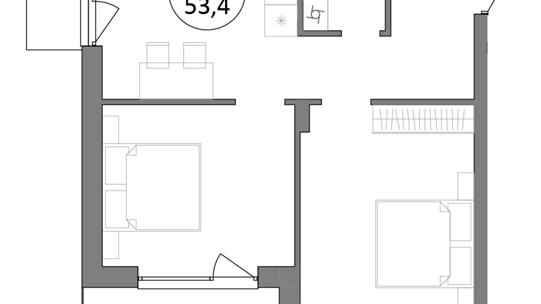 Планування 2-кімнатної квартири в ЖК Грінвуд-3 53.4 м², фото 561378