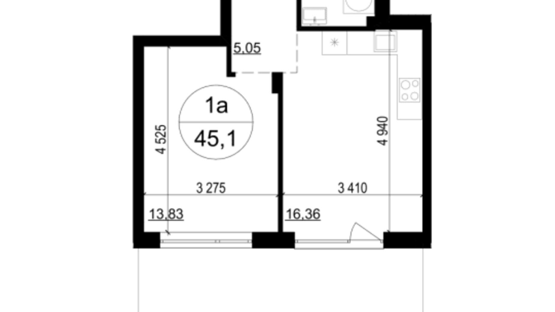 Планування 1-кімнатної квартири в ЖК Грінвуд-4  45.1 м², фото 561981