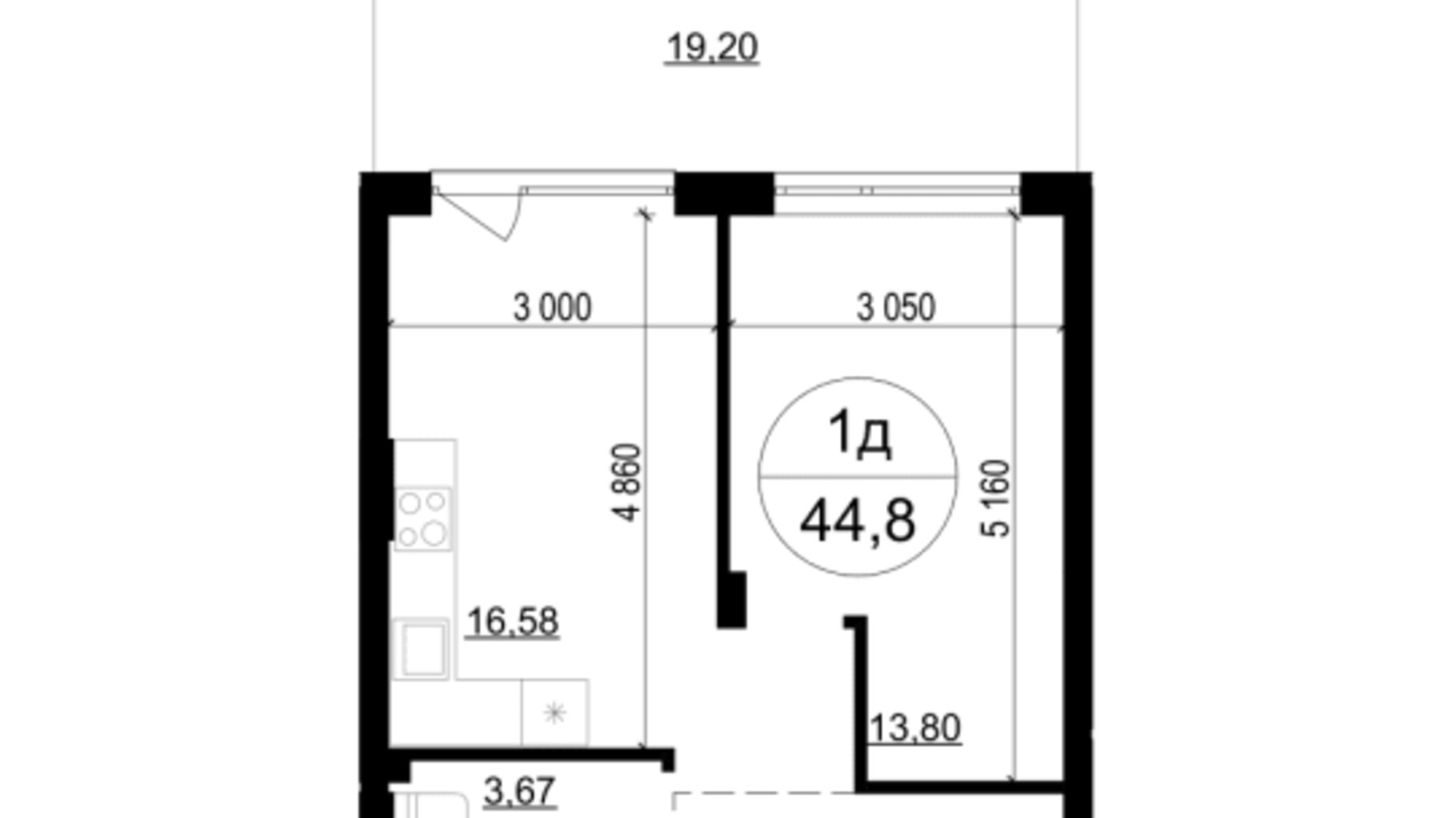 Планування 1-кімнатної квартири в ЖК Грінвуд-4  44.8 м², фото 561985