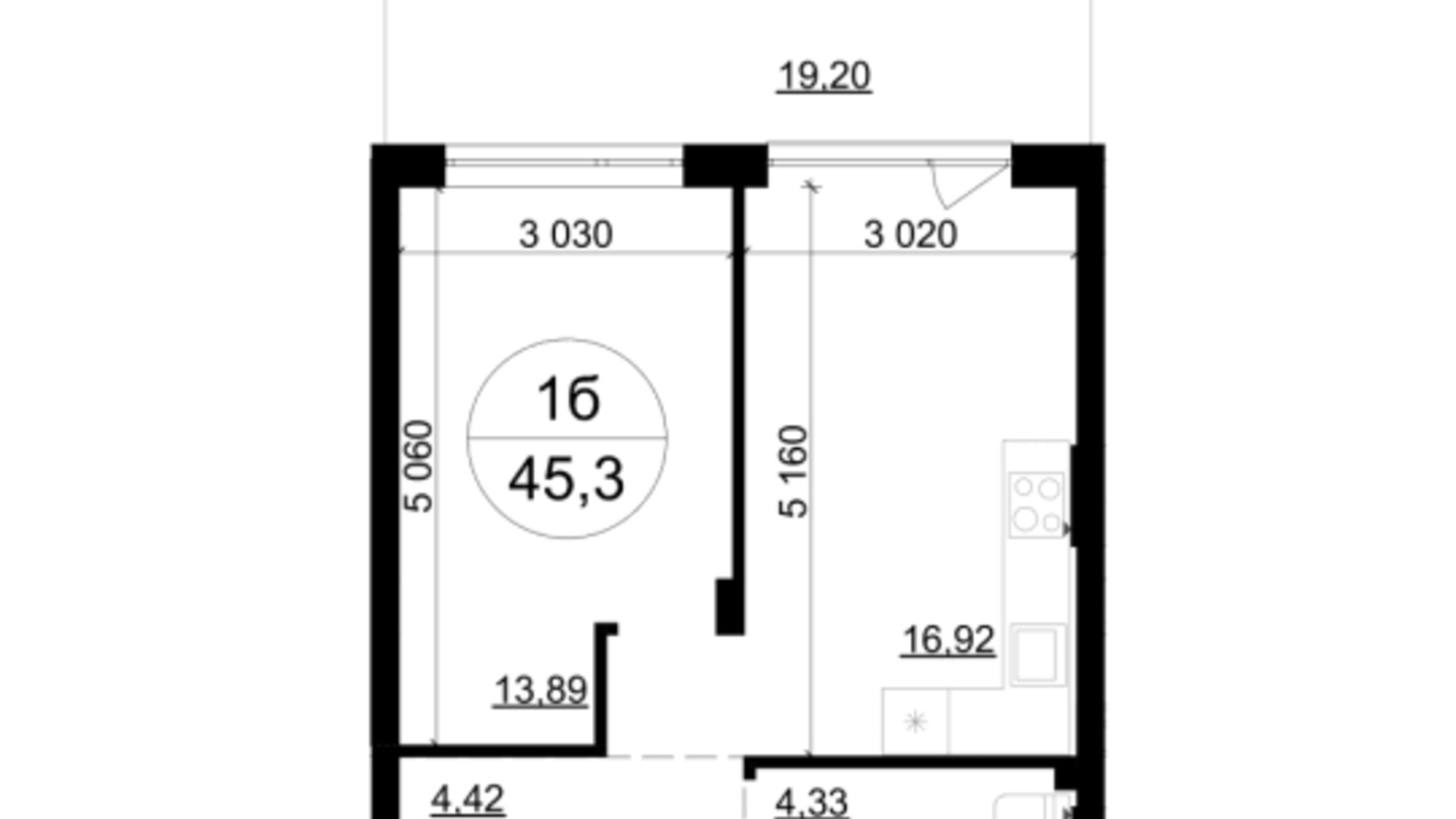 Планування 1-кімнатної квартири в ЖК Грінвуд-4  45.3 м², фото 561987