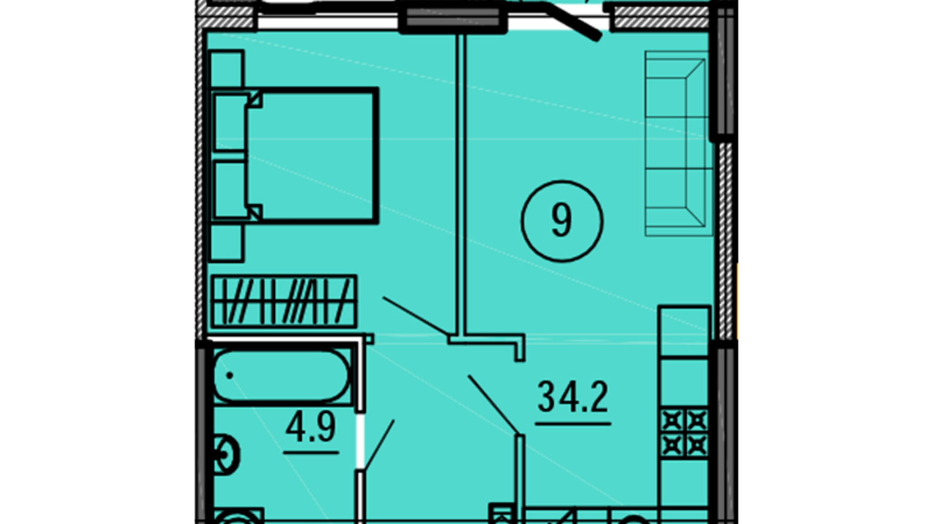 Планування 1-кімнатної квартири в ЖК Космос 41.9 м², фото 563432