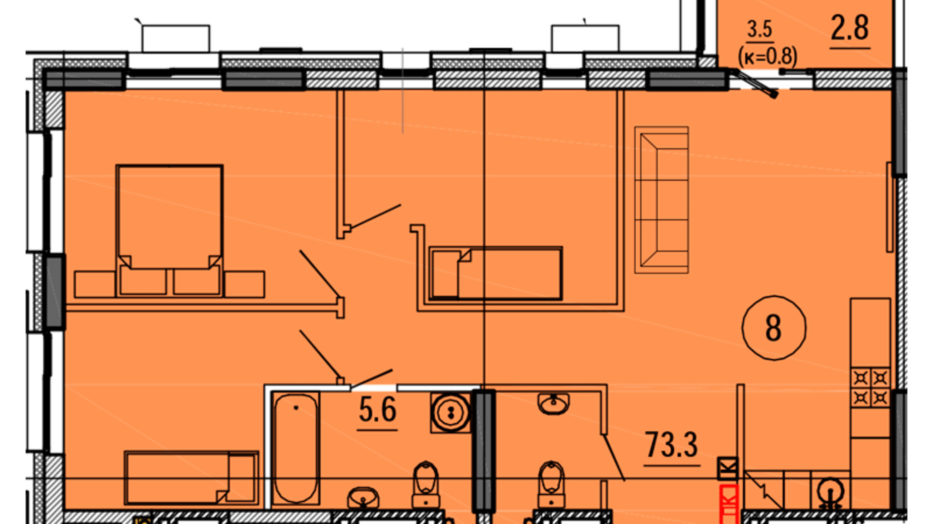 Планування 3-кімнатної квартири в ЖК Космос 81.7 м², фото 563449