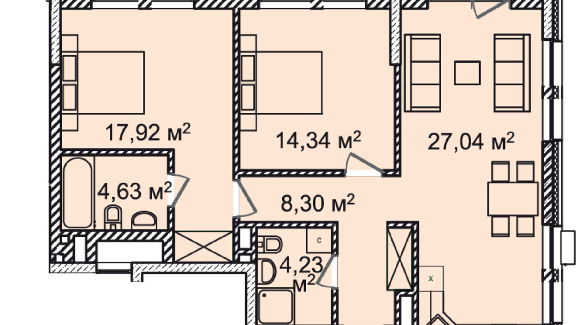 Планировка 3-комнатной квартиры в ЖК Montreal House 78.28 м², фото 564132