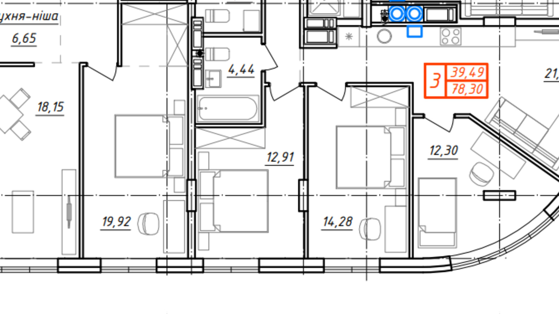 Планировка 3-комнатной квартиры в ЖК Ривьера 78.3 м², фото 564330