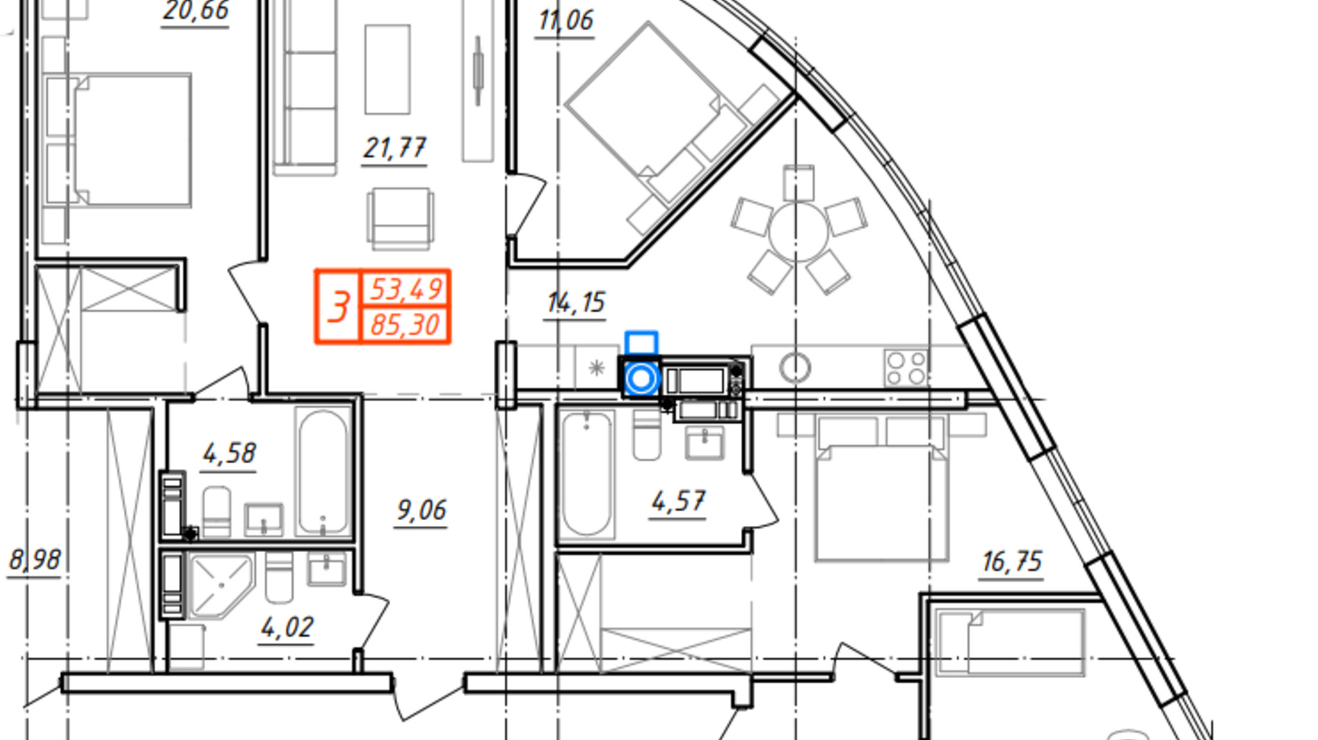 Планировка 3-комнатной квартиры в ЖК Ривьера 85.3 м², фото 564331