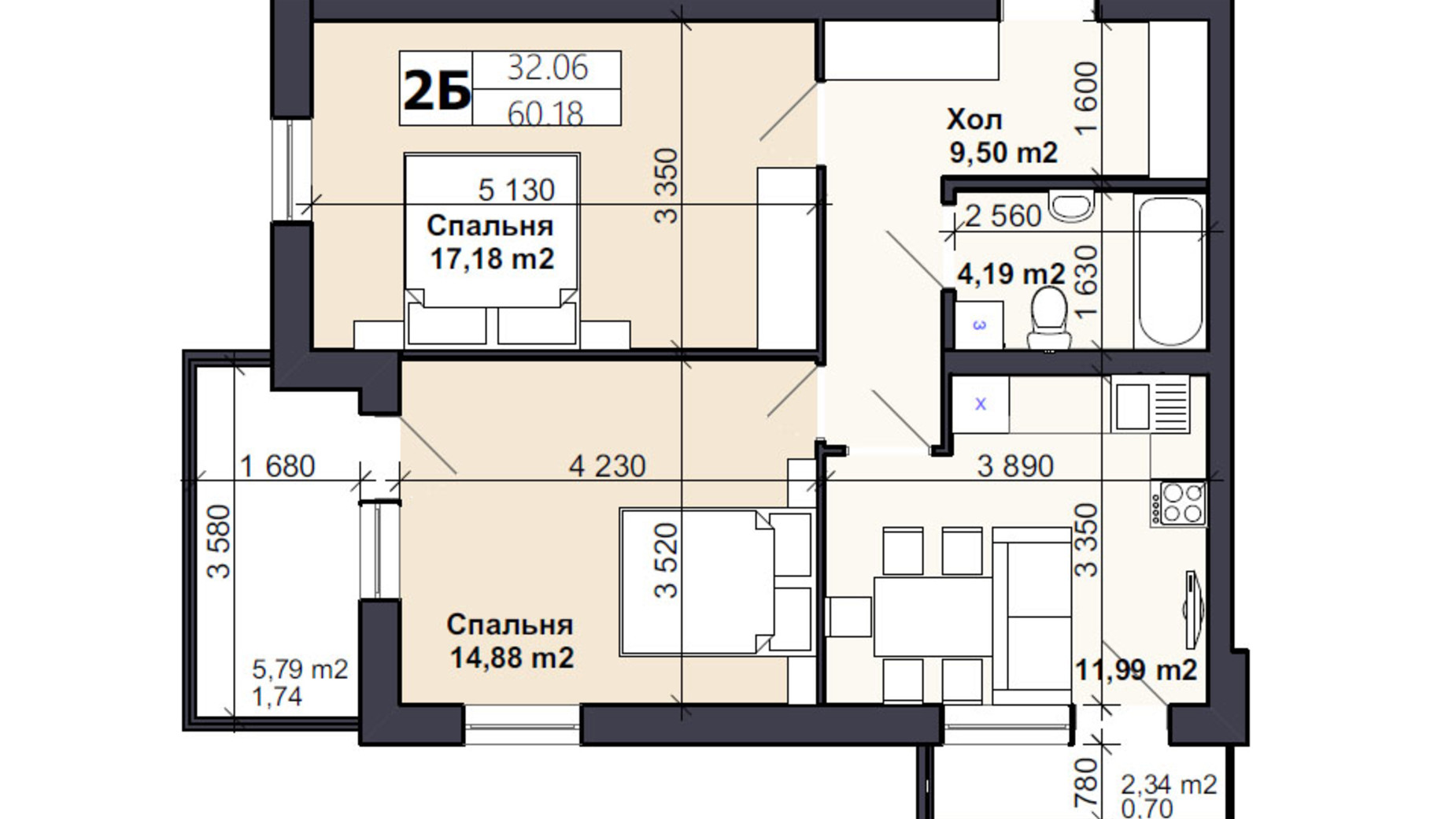 Планировка 2-комнатной квартиры в ЖК Саме той 61.2 м², фото 566725