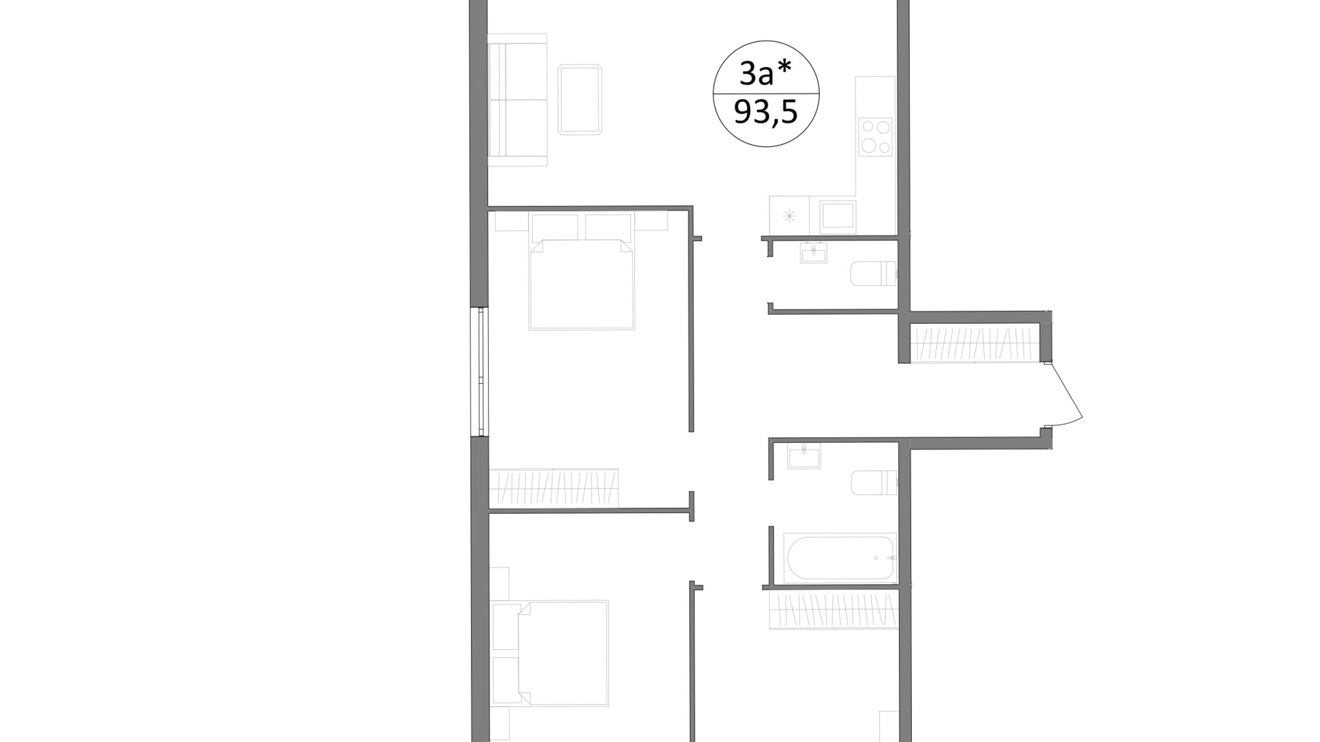 Планування 3-кімнатної квартири в ЖК Грінвуд-2 93.4 м², фото 570851