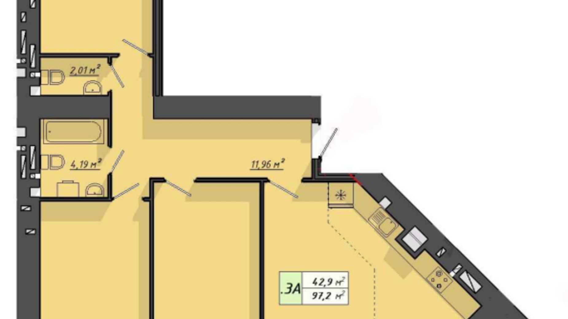 Планировка 3-комнатной квартиры в ЖК Львовский 97.2 м², фото 572828
