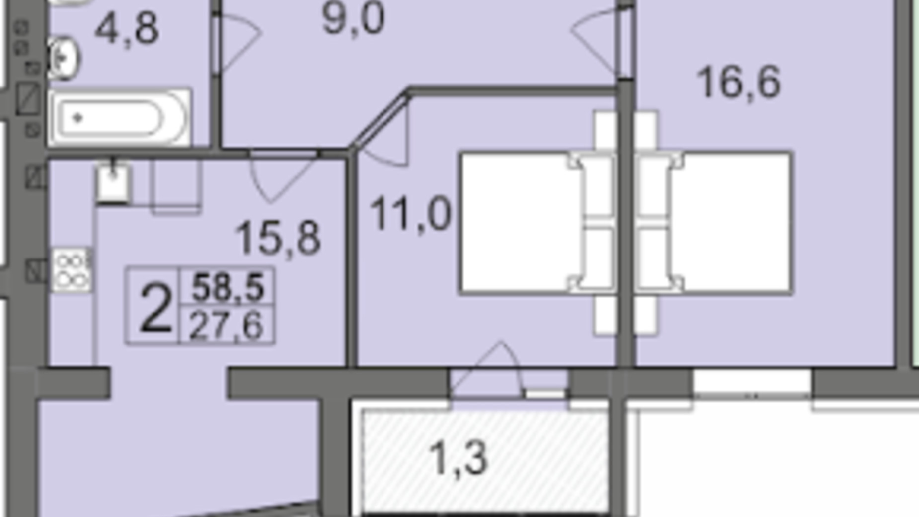 Планування 2-кімнатної квартири в ЖК Dream Park 58.5 м², фото 574353