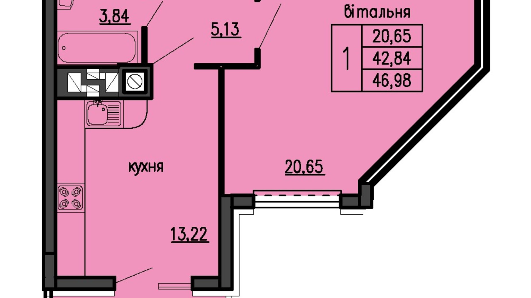 Планировка 1-комнатной квартиры в ЖК Бандери-Нова 46.98 м², фото 575297