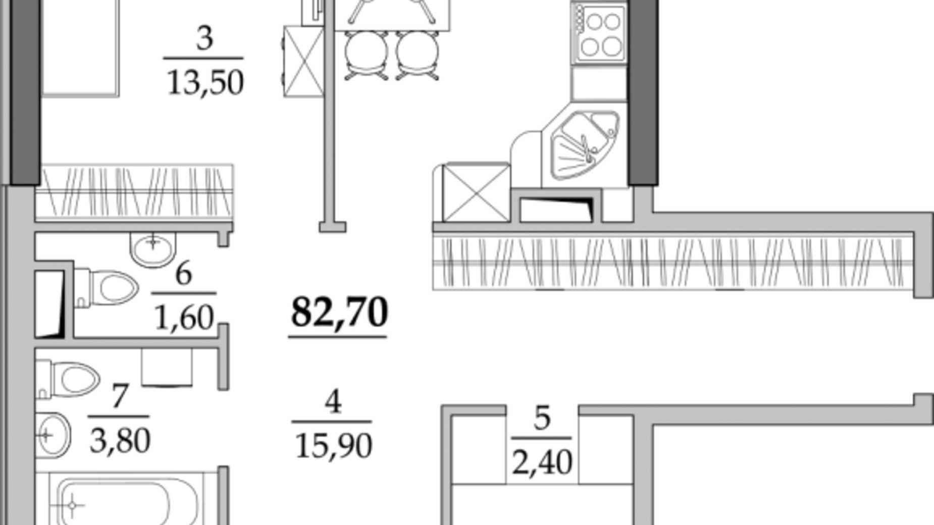 Планування 3-кімнатної квартири в ЖК Таїровські сади 82.7 м², фото 576474