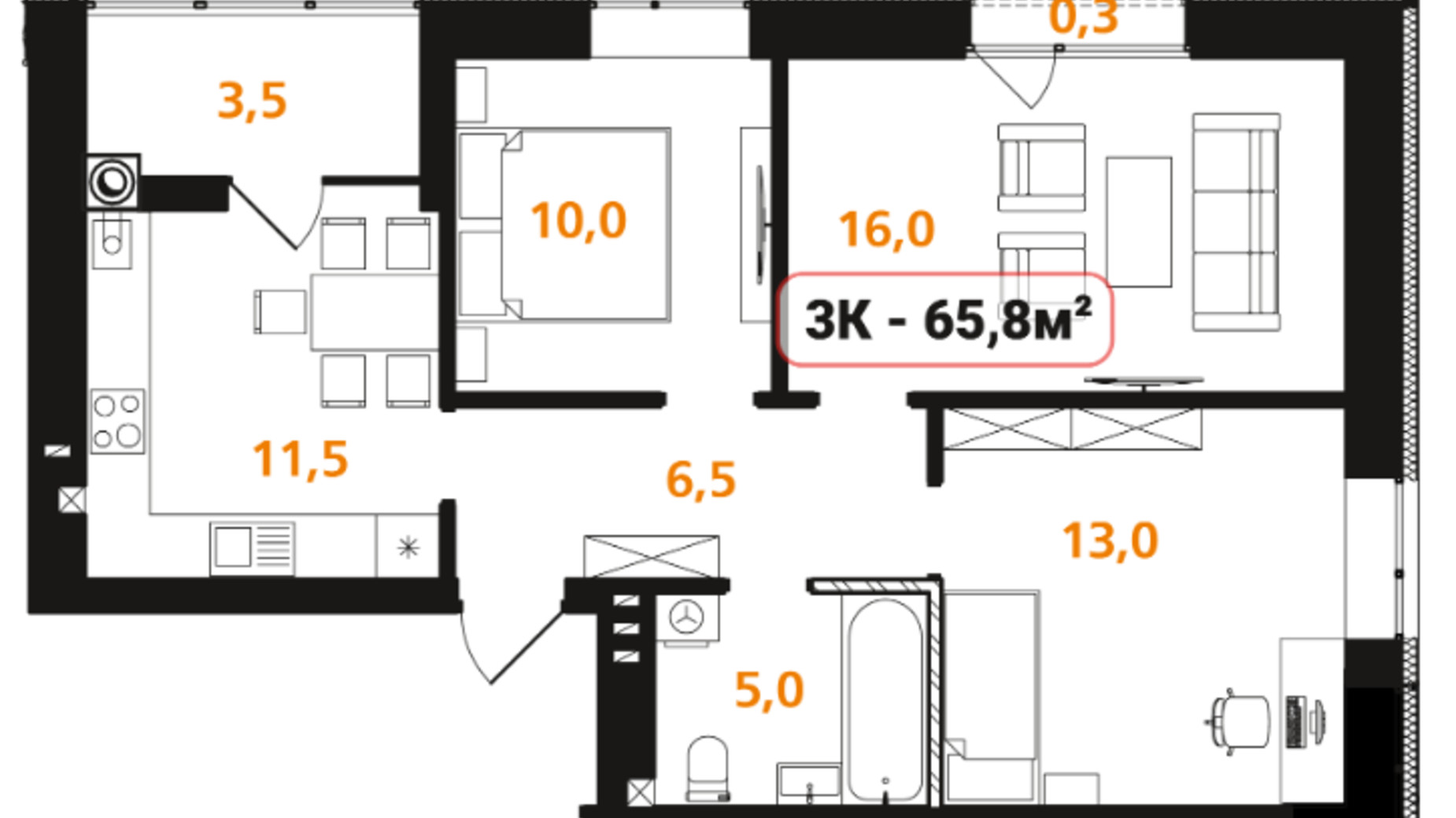Планировка 3-комнатной квартиры в ЖК Опришівська Слобода 65.8 м², фото 576934