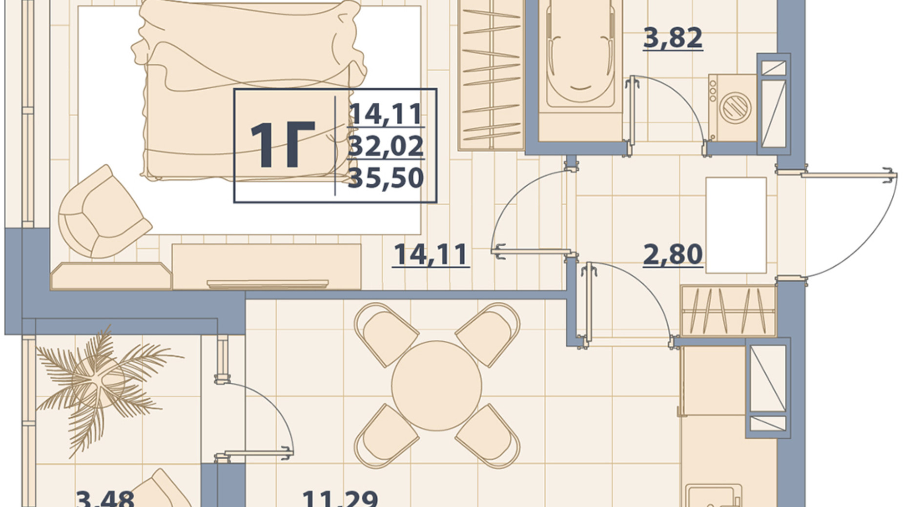 Планировка 1-комнатной квартиры в ЖК Centr City 35.5 м², фото 579626