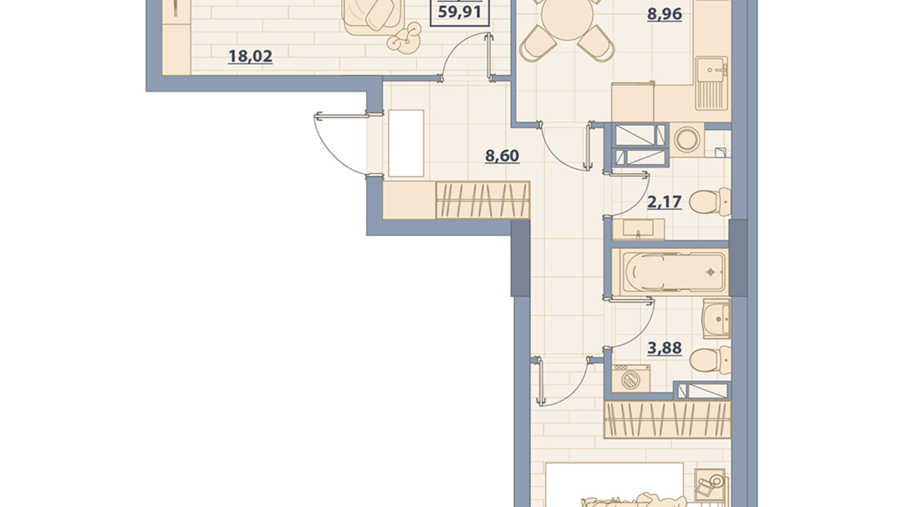Планировка 2-комнатной квартиры в ЖК Centr City 59.91 м², фото 579642