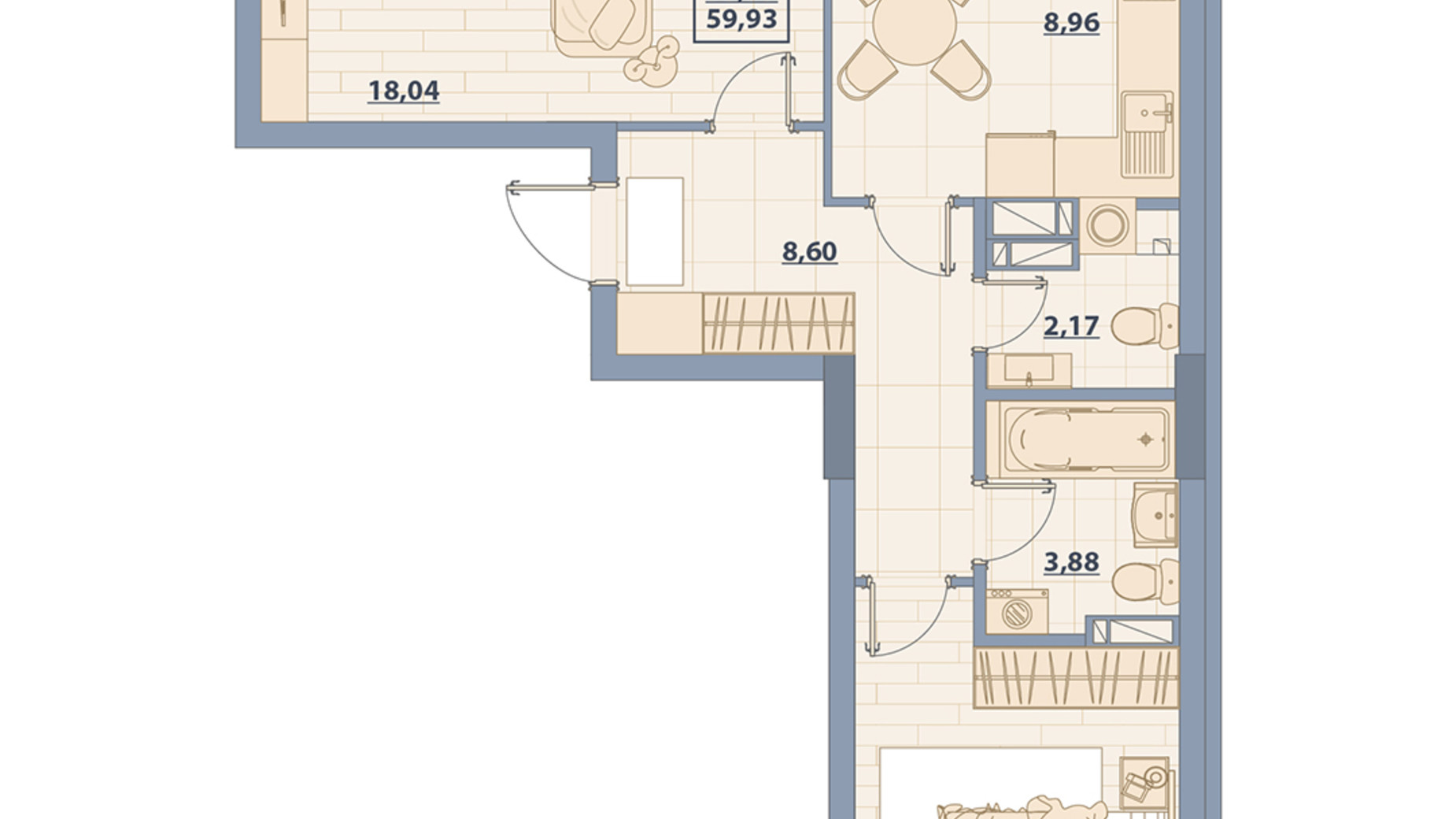 Планировка 2-комнатной квартиры в ЖК Centr City 59.93 м², фото 579654
