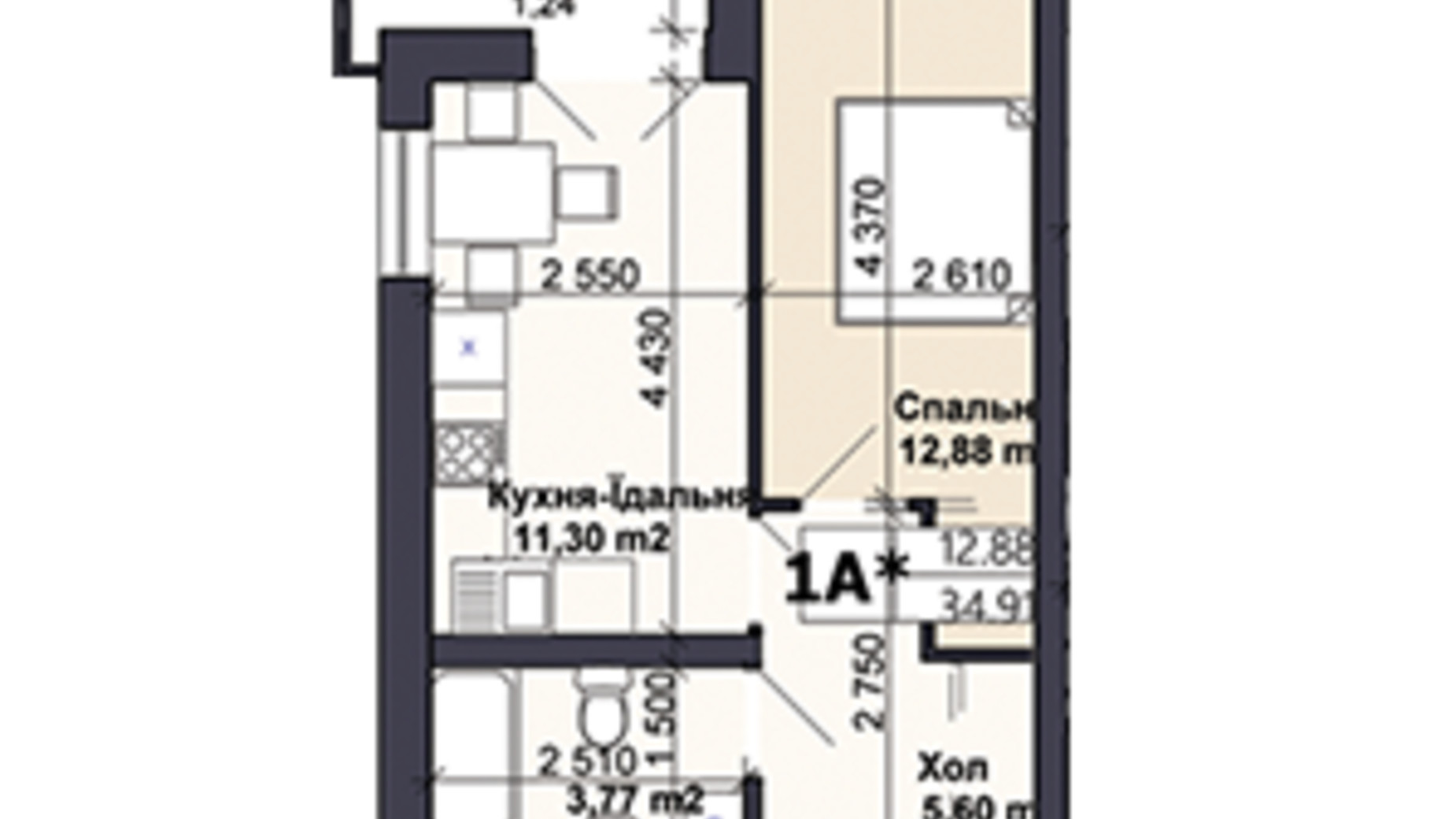 Планировка 1-комнатной квартиры в ЖК Саме той 34.91 м², фото 585406