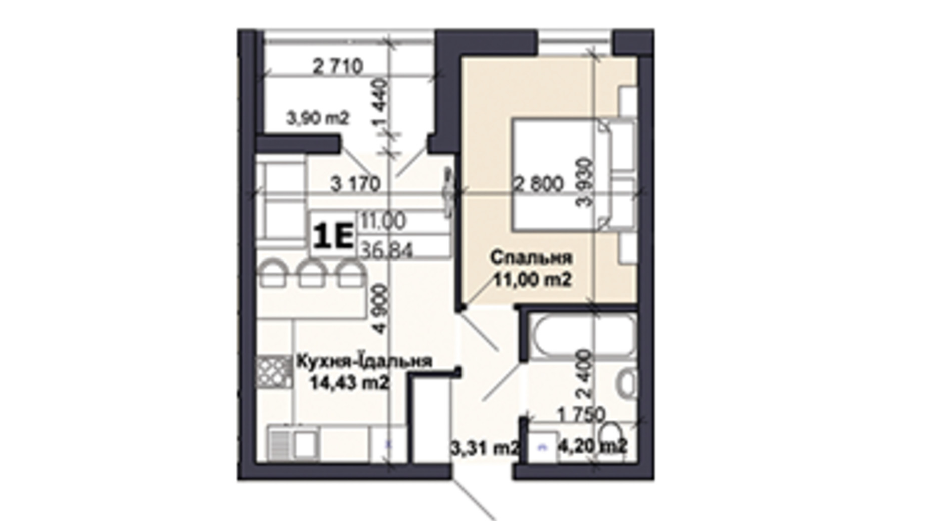 Планировка 1-комнатной квартиры в ЖК Саме той 36.84 м², фото 585409