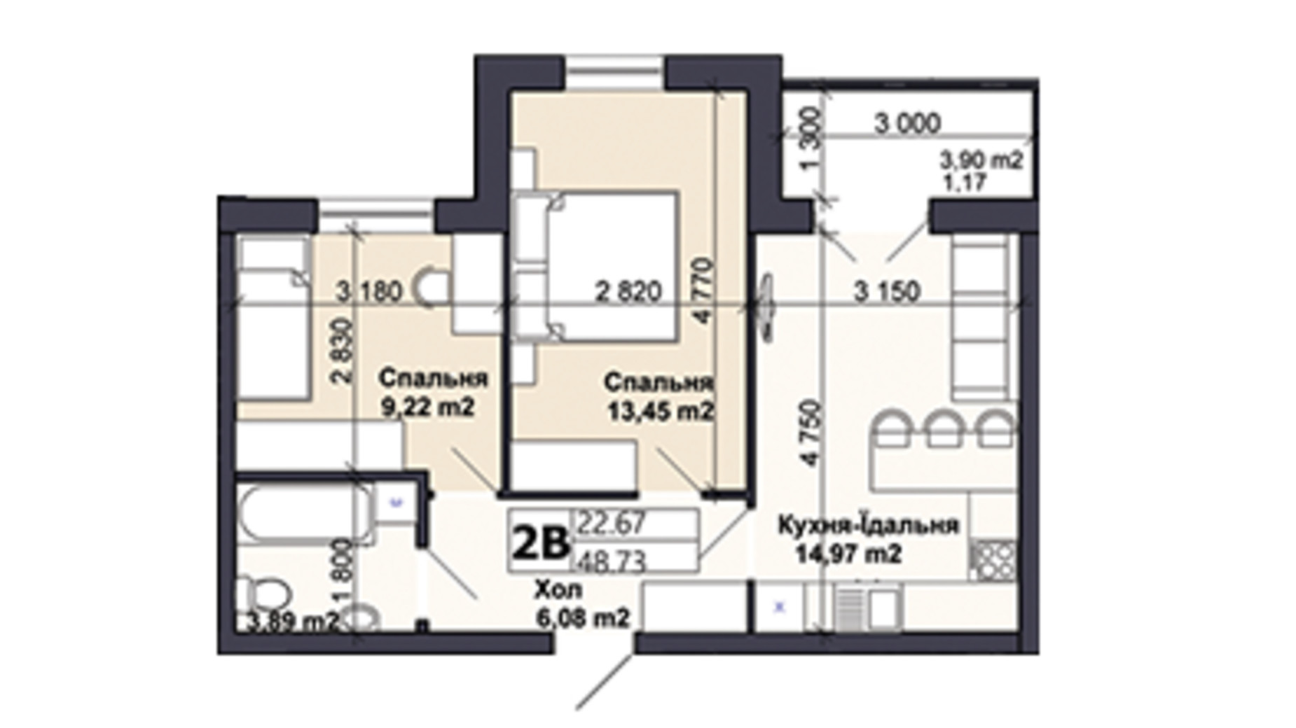 Планировка 2-комнатной квартиры в ЖК Саме той 48.73 м², фото 585428