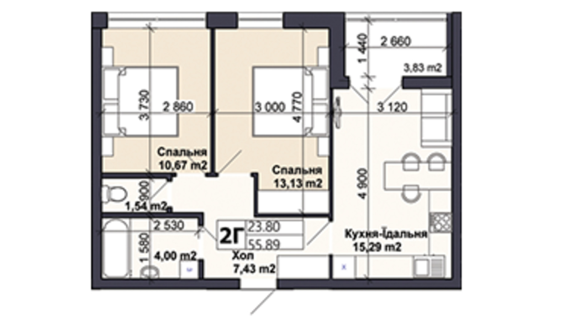 Планировка 2-комнатной квартиры в ЖК Саме той 55.89 м², фото 585429