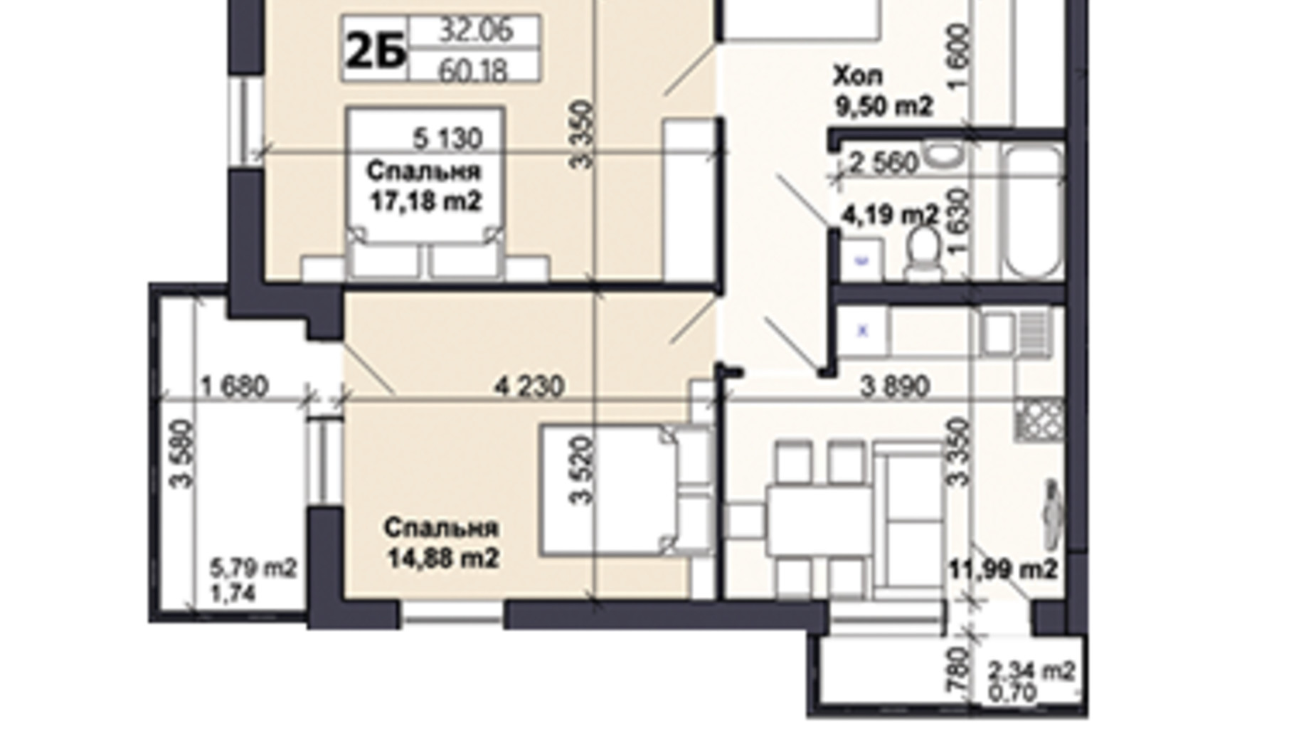 Планировка 2-комнатной квартиры в ЖК Саме той 60.01 м², фото 585432