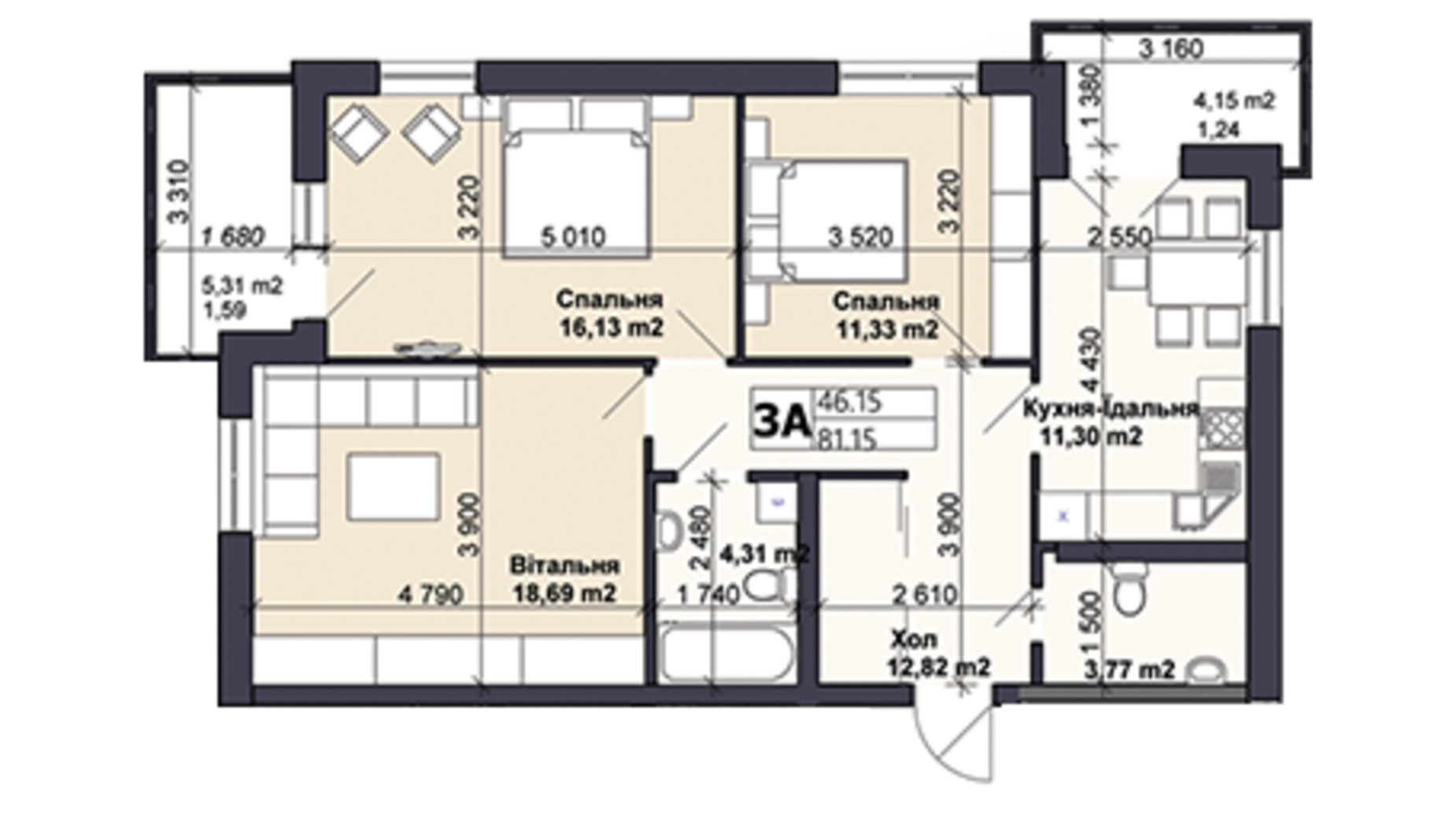 Планировка 3-комнатной квартиры в ЖК Саме той 81.15 м², фото 585472