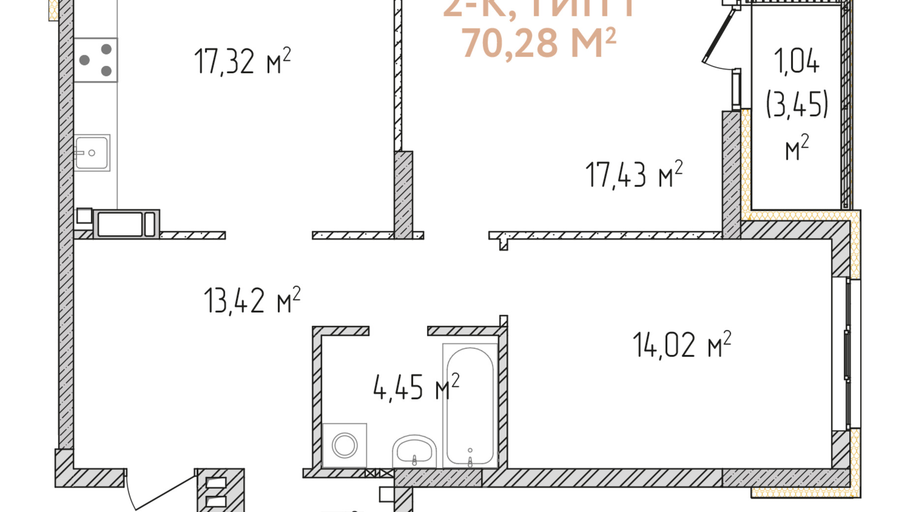 Планировка 2-комнатной квартиры в ЖК Krona Park 2 70.28 м², фото 588882