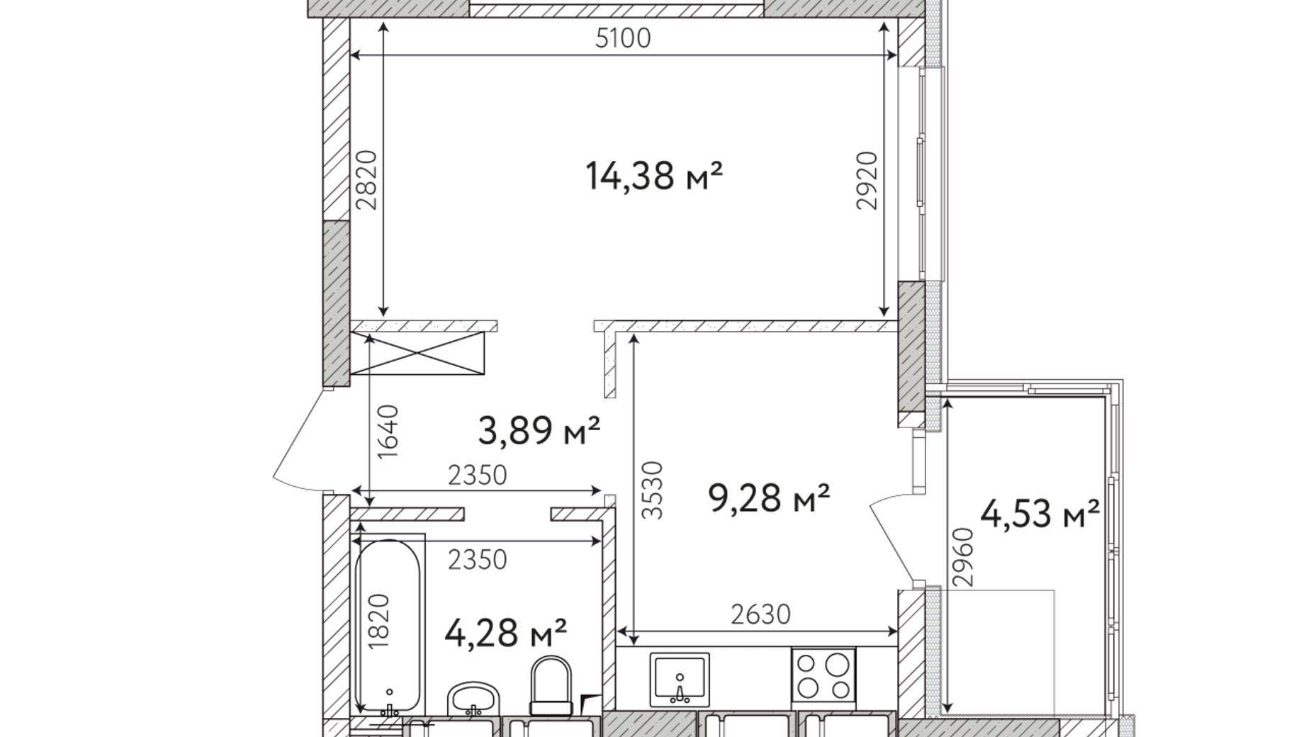 Планировка 1-комнатной квартиры в ЖК Krona Park 2 38.03 м², фото 588940