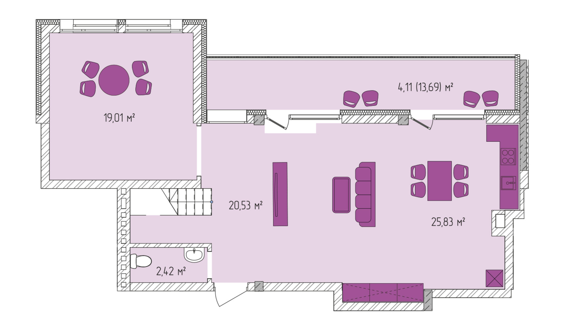 Планировка много­уровневой квартиры в ЖК Лавандовый 117.71 м², фото 589165