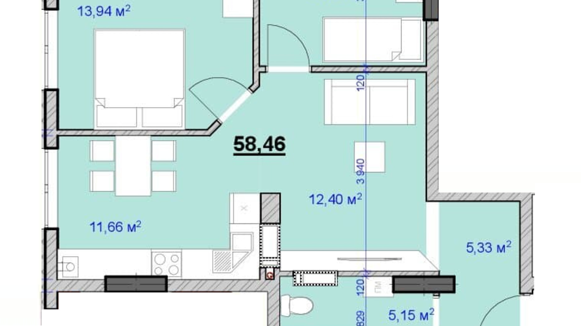 Планування 2-кімнатної квартири в ЖК Grand Hall 58 м², фото 594911