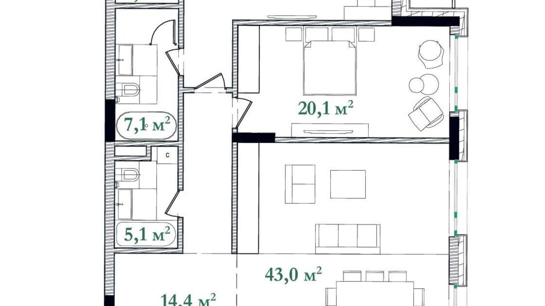 Планировка 3-комнатной квартиры в ЖК Illinsky House 117.9 м², фото 596976
