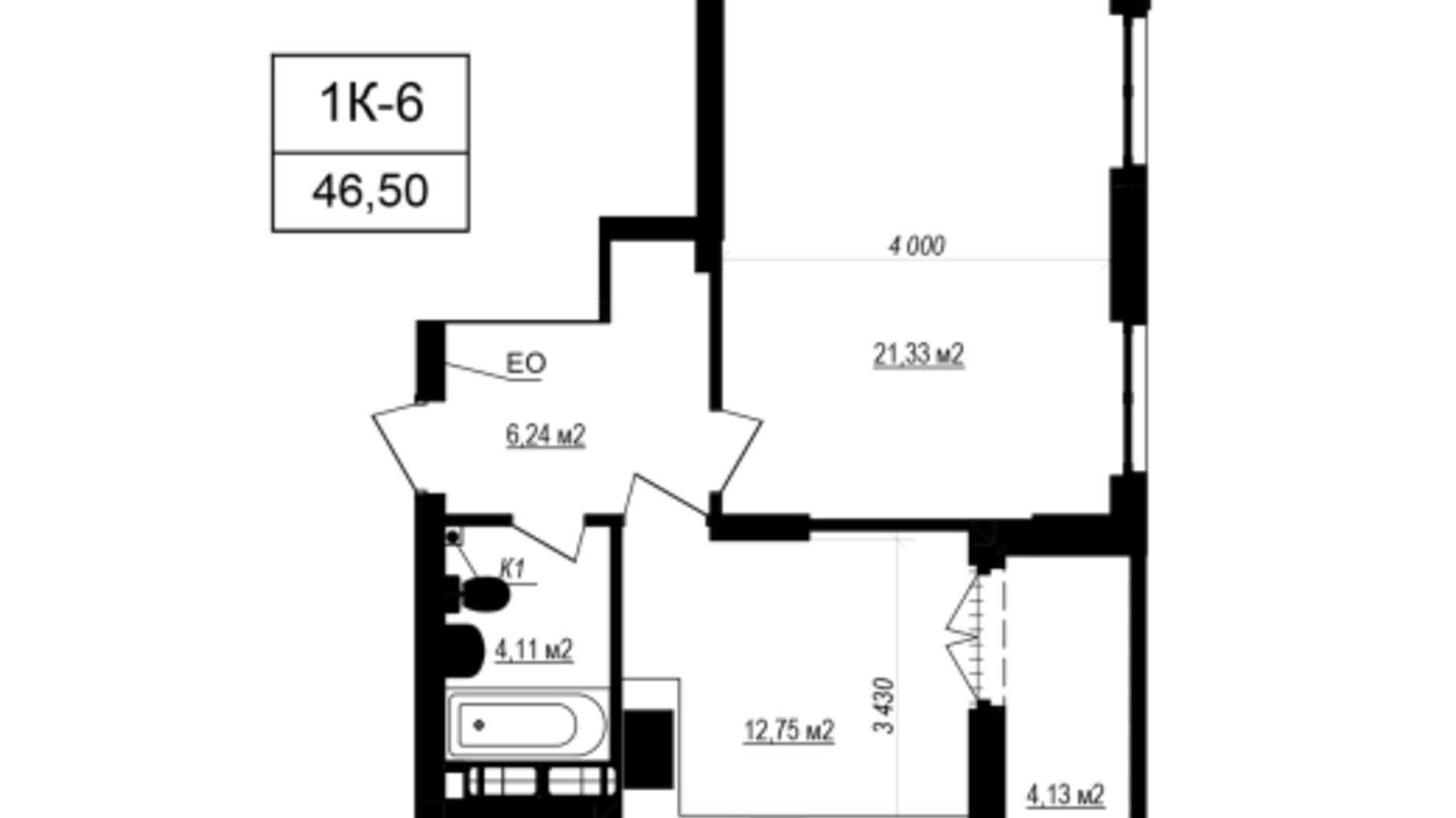 Планировка 1-комнатной квартиры в ЖК Щасливий Grand 46.5 м², фото 601102