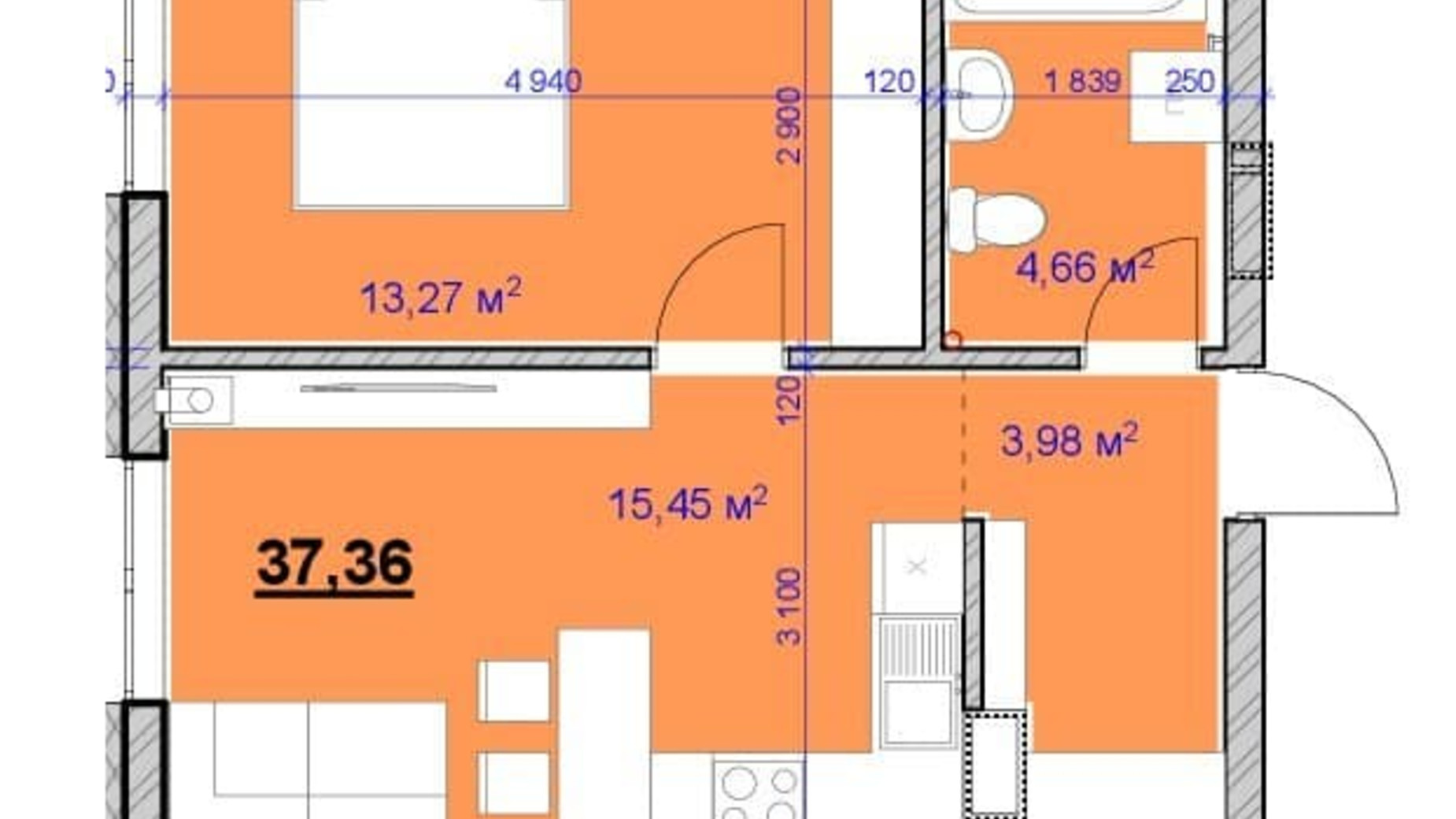 Планування 1-кімнатної квартири в ЖК Grand Hall 37.36 м², фото 606568
