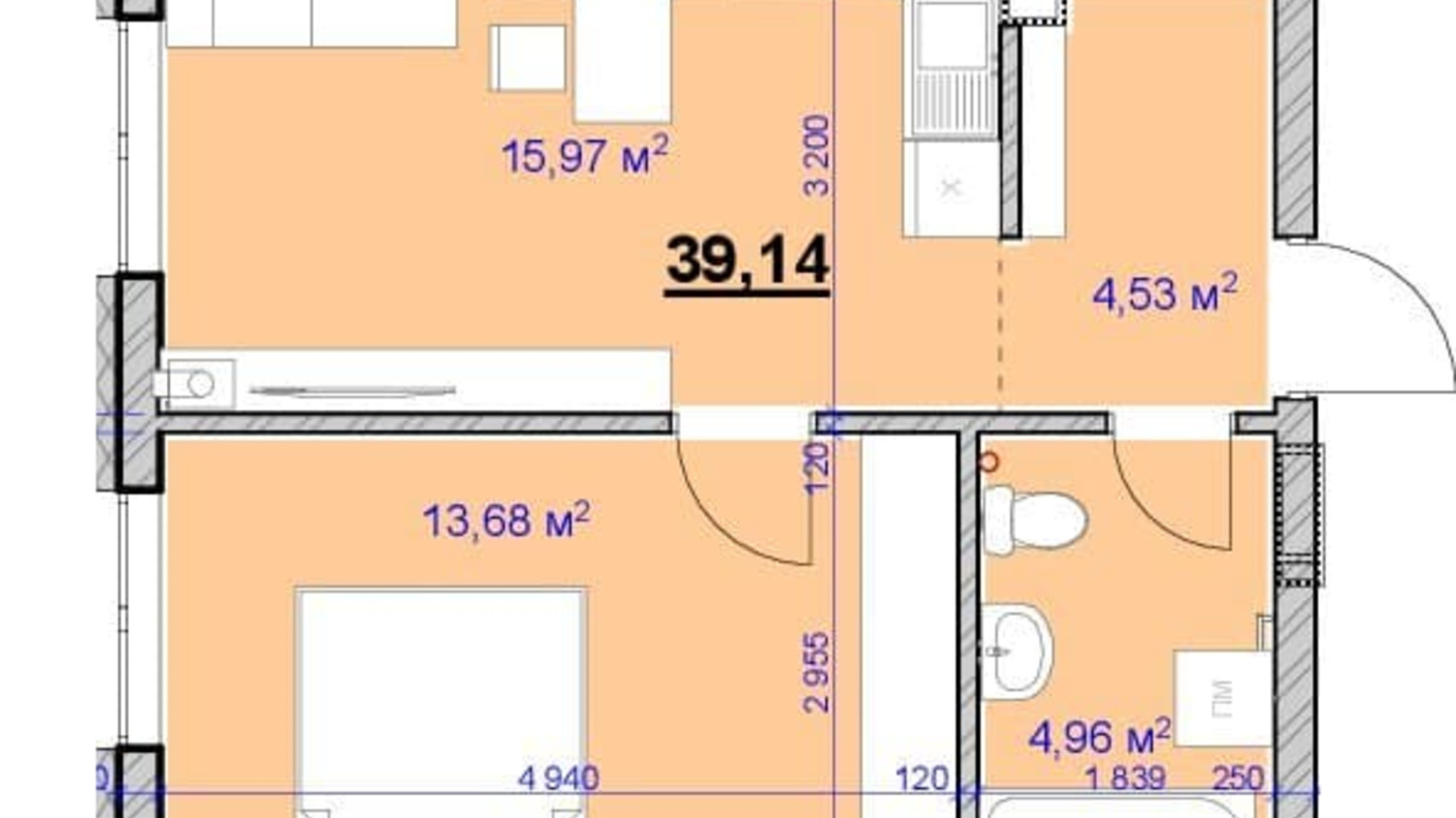 Планування 1-кімнатної квартири в ЖК Grand Hall 39.14 м², фото 606571