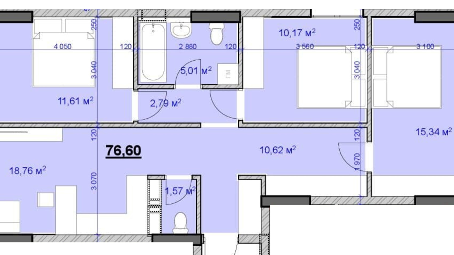 Планування 3-кімнатної квартири в ЖК Grand Hall 76.6 м², фото 606573
