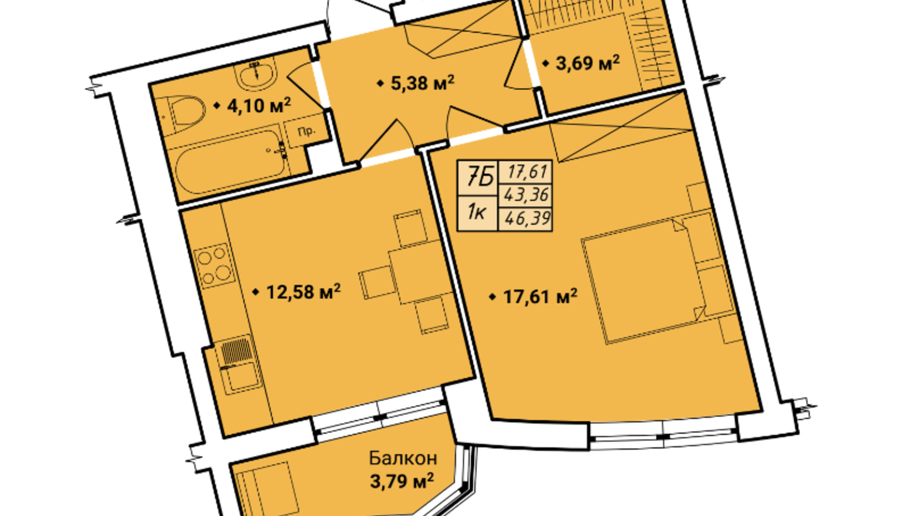 Планування 1-кімнатної квартири в ЖК Amber Park 44.77 м², фото 613528