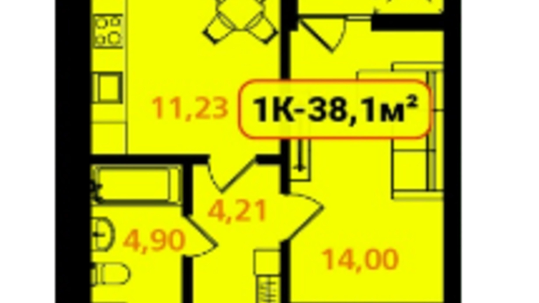 Планировка 1-комнатной квартиры в ЖК Опришівська Слобода 38.1 м², фото 617492
