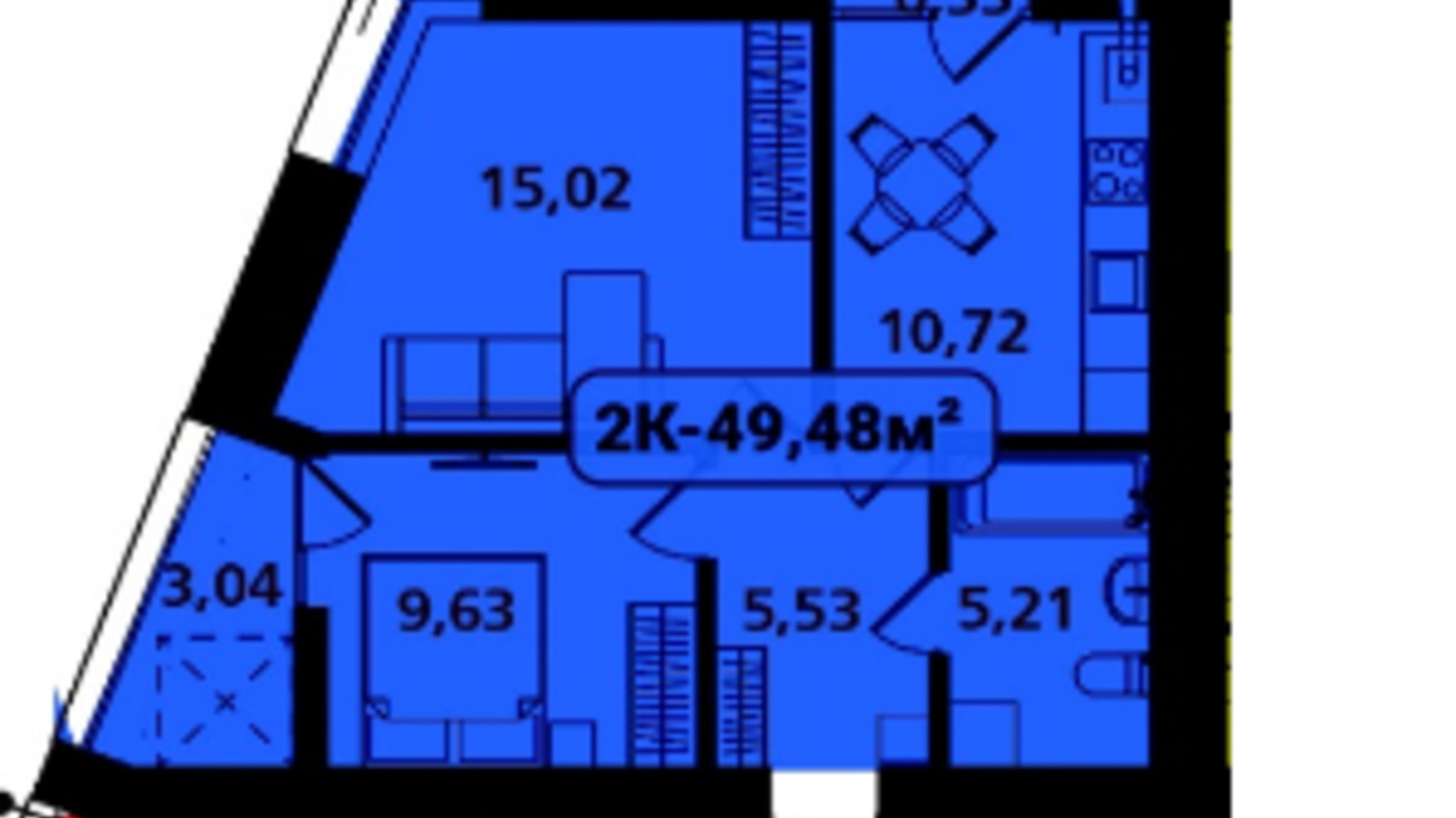 Планировка 2-комнатной квартиры в ЖК Опришівська Слобода 49.48 м², фото 617494