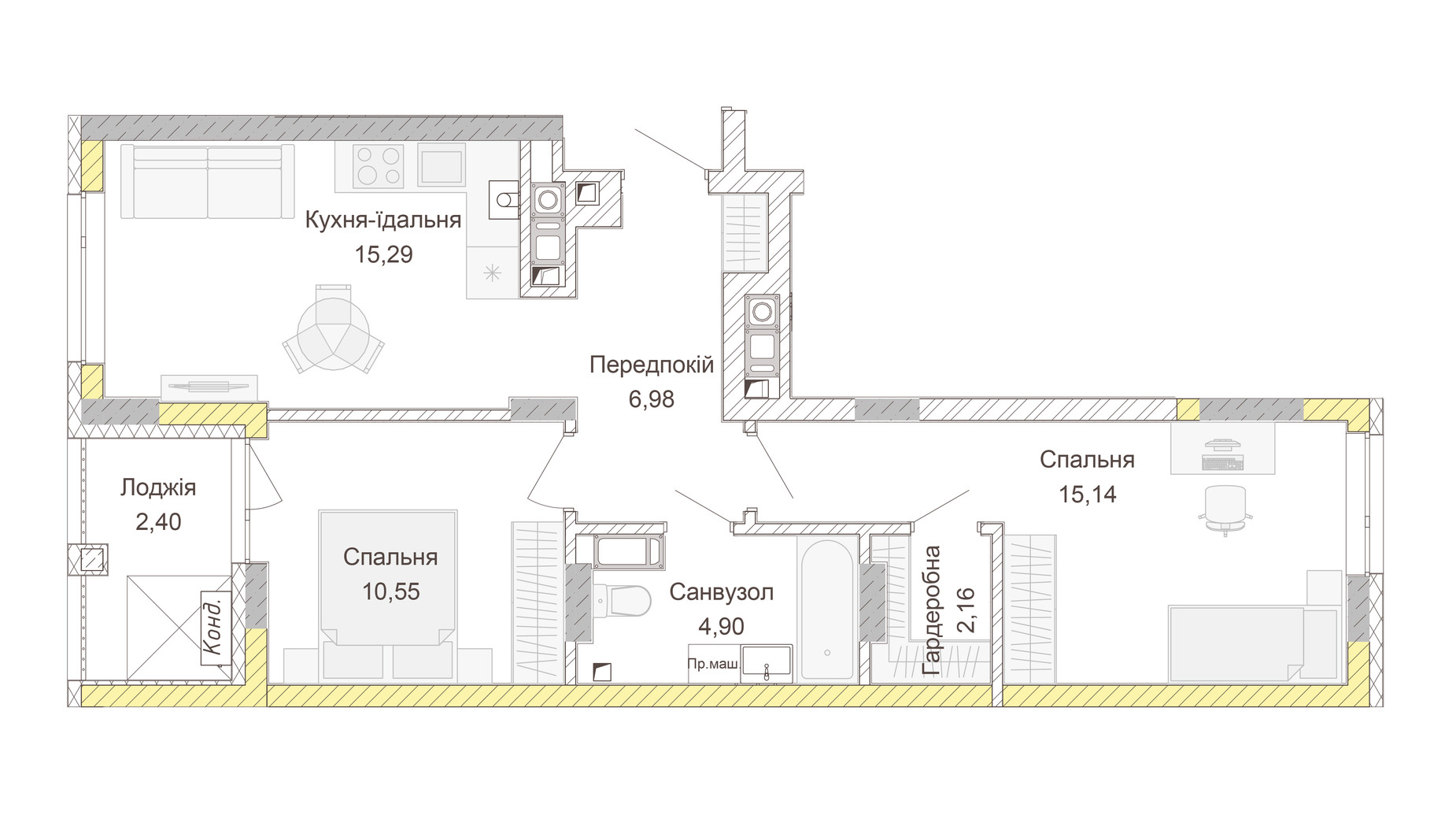 Планування 2-кімнатної квартири в ЖК Empatika 57.42 м², фото 617542