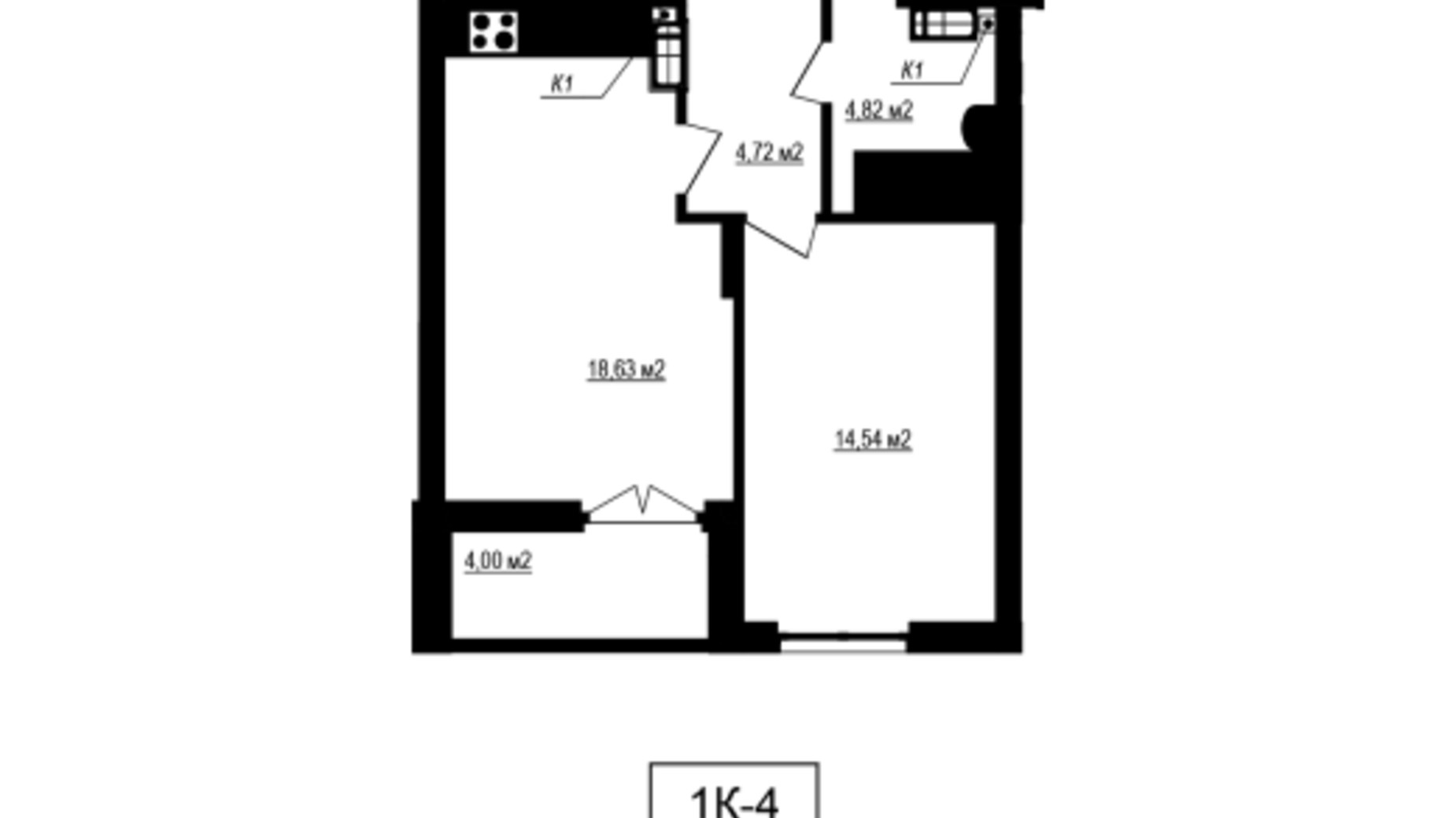 Планировка 1-комнатной квартиры в ЖК Щасливий Grand 44.71 м², фото 620230