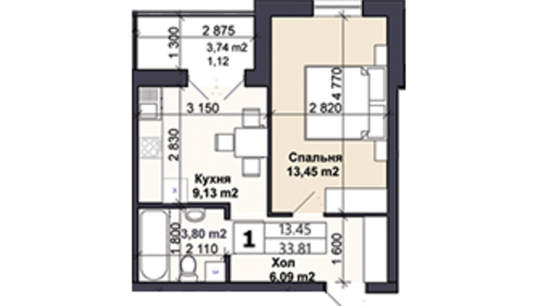 Планировка 1-комнатной квартиры в ЖК Саме той 33.81 м², фото 623281