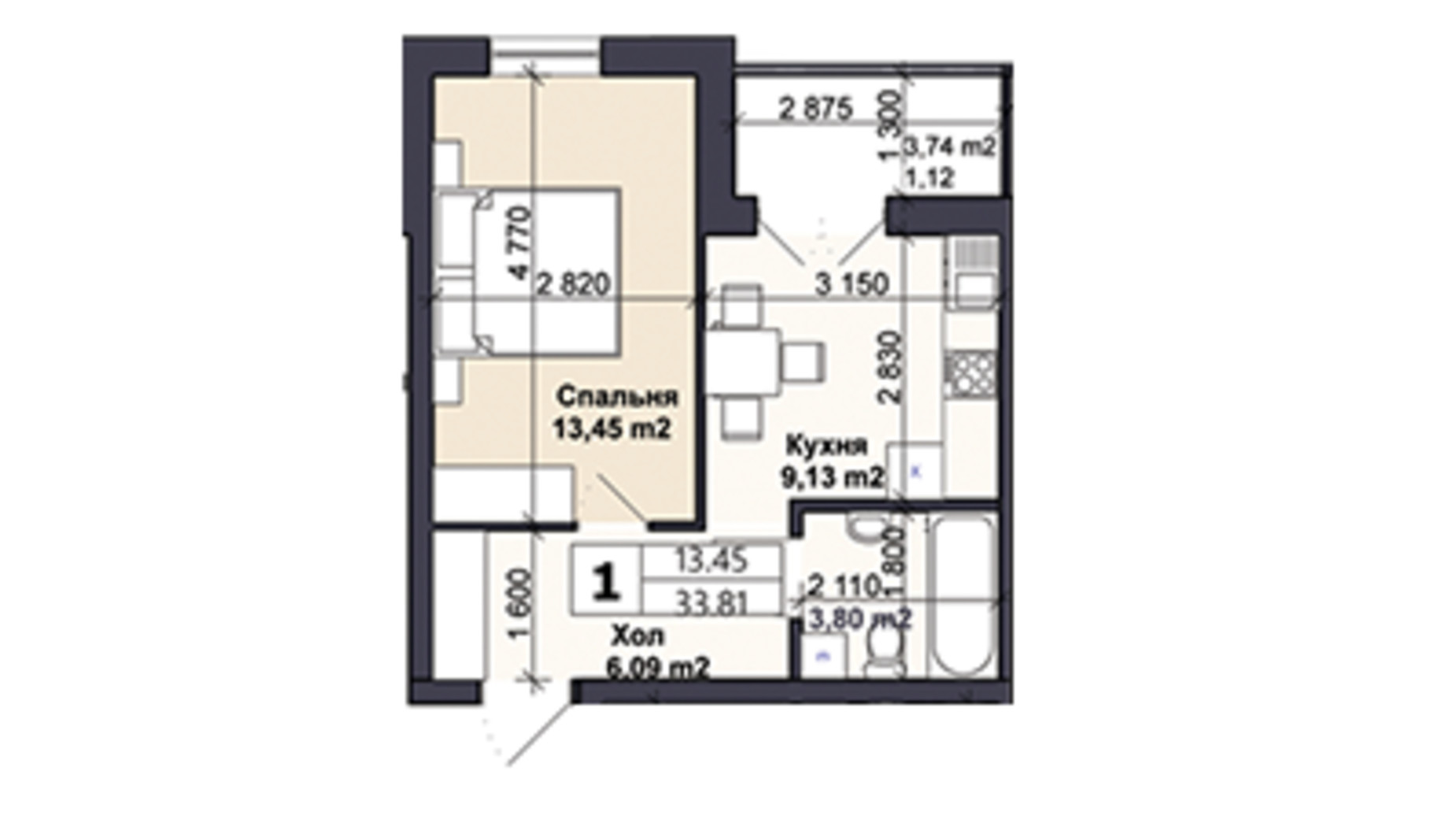 Планировка 1-комнатной квартиры в ЖК Саме той 33.81 м², фото 623282