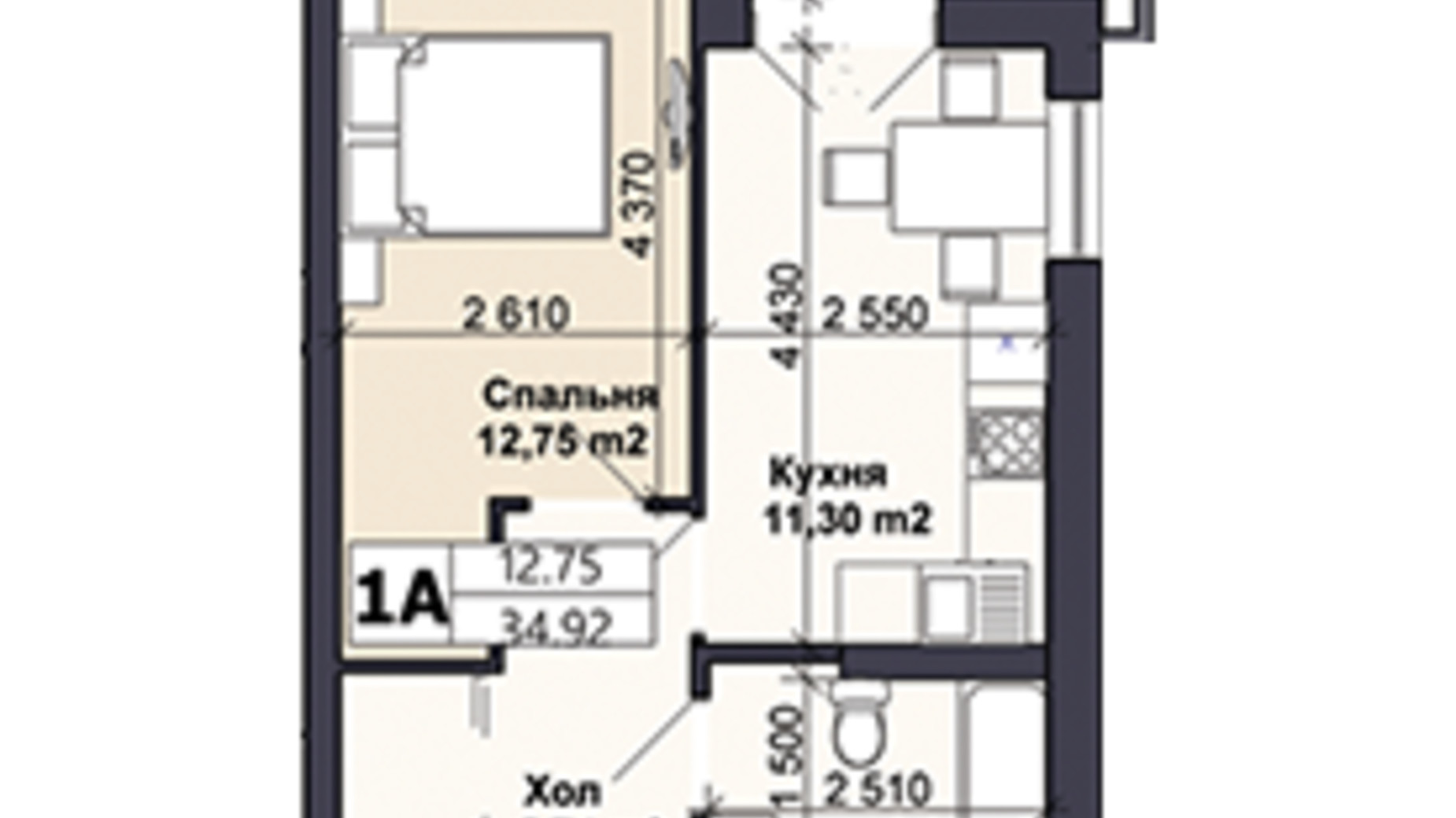Планировка 1-комнатной квартиры в ЖК Саме той 34.92 м², фото 623283