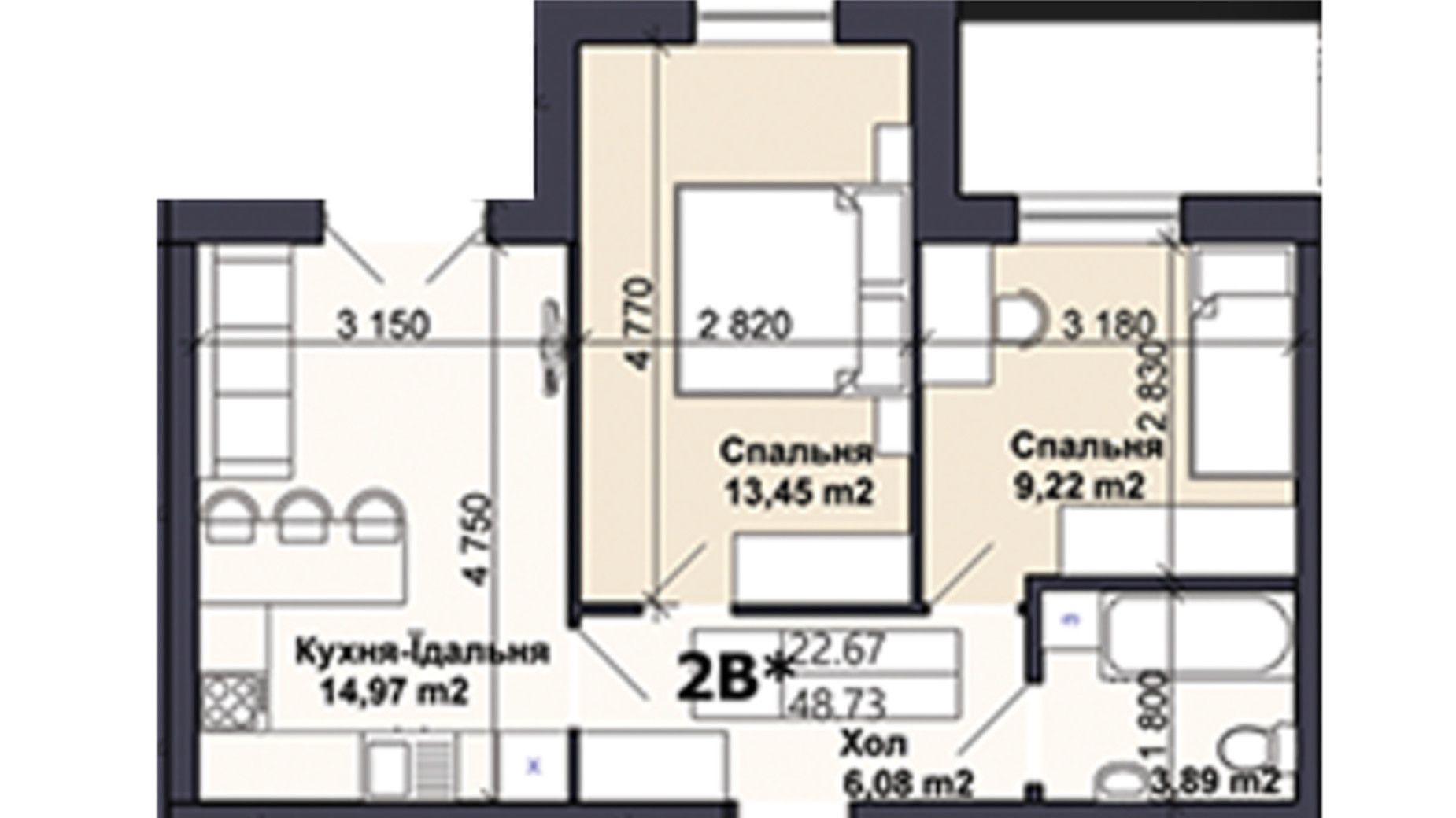 Планировка 2-комнатной квартиры в ЖК Саме той 48.73 м², фото 623284