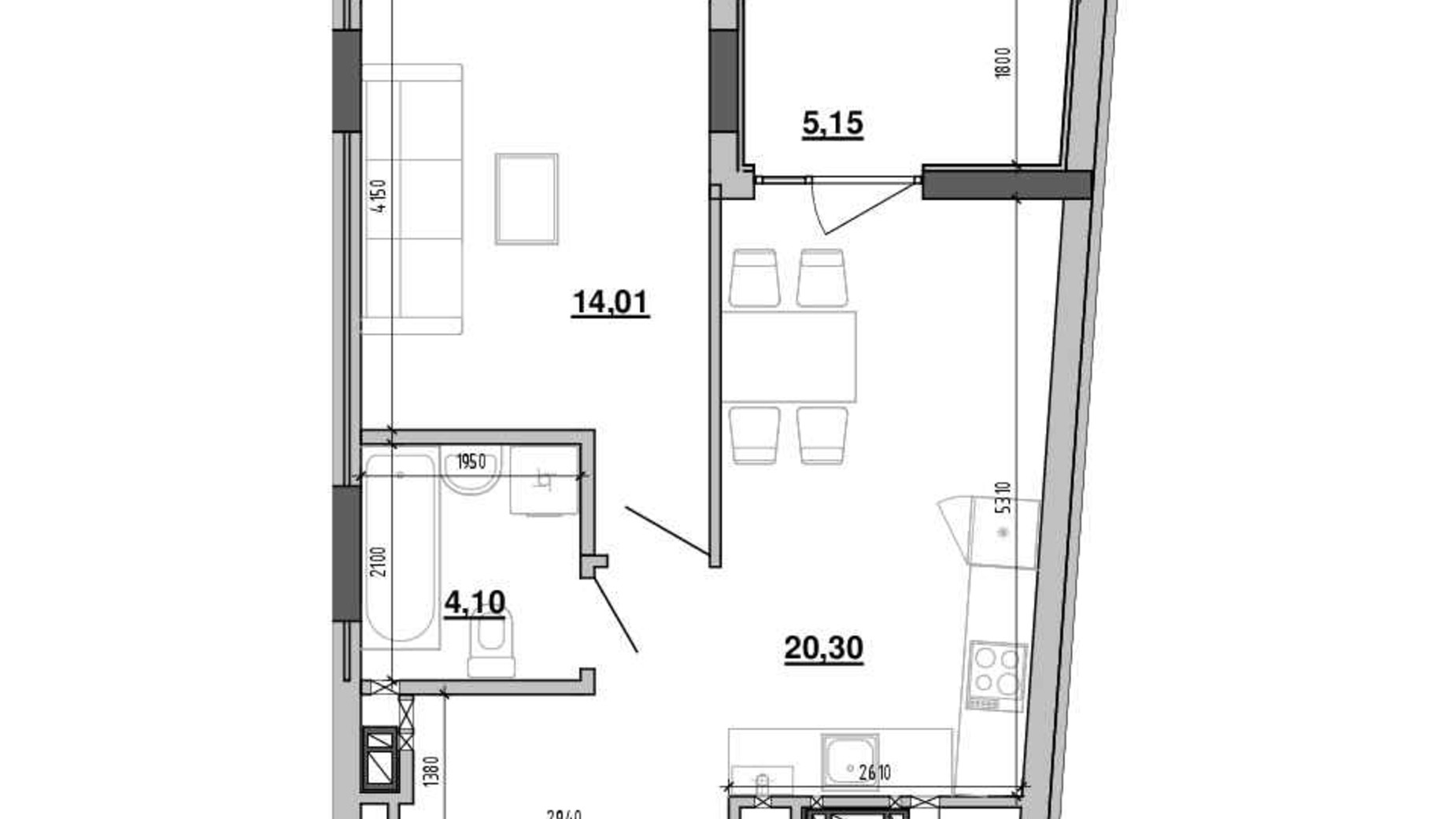 Планування 1-кімнатної квартири в ЖК Містечко Підзамче 43.55 м², фото 625347